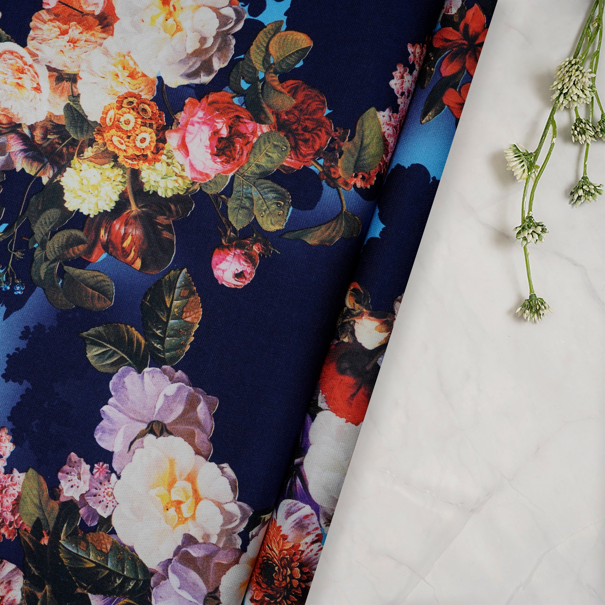 Dark Blue Floral Pattern Imported Digital Printed Banana Crepe Fabric (60" Width)