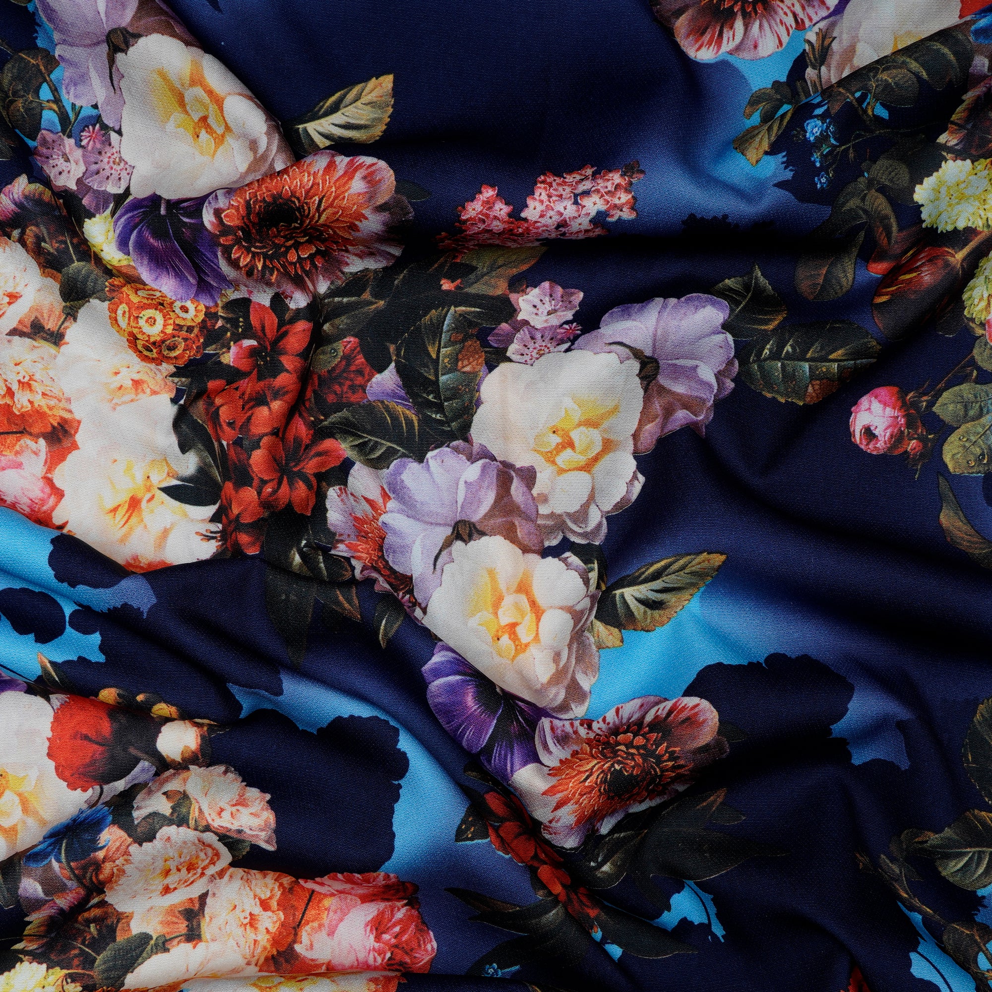 Dark Blue Floral Pattern Imported Digital Printed Banana Crepe Fabric (60" Width)