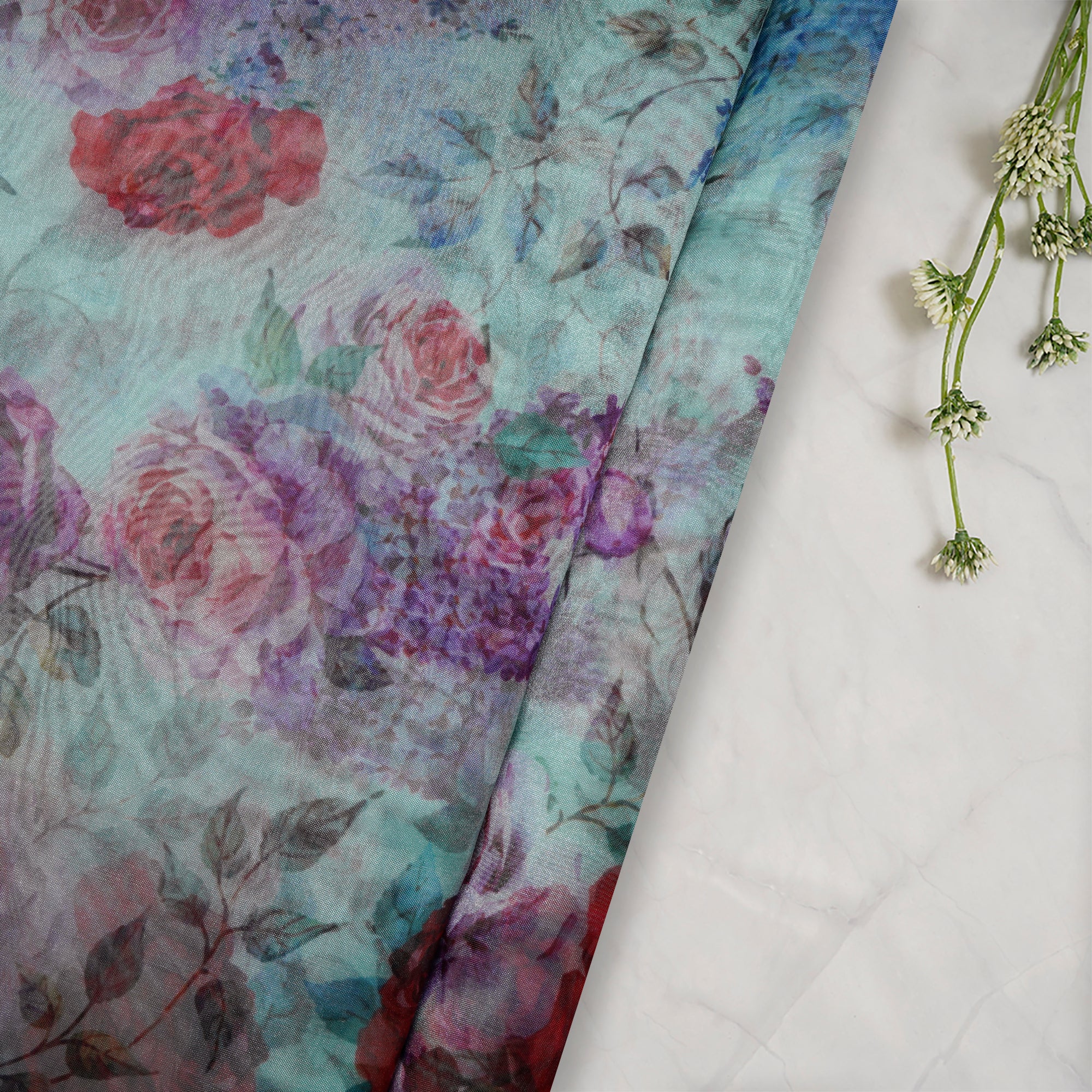 Hemlock Floral Pattern Digital Print Imported Poly Organza Fabric (44" Width)