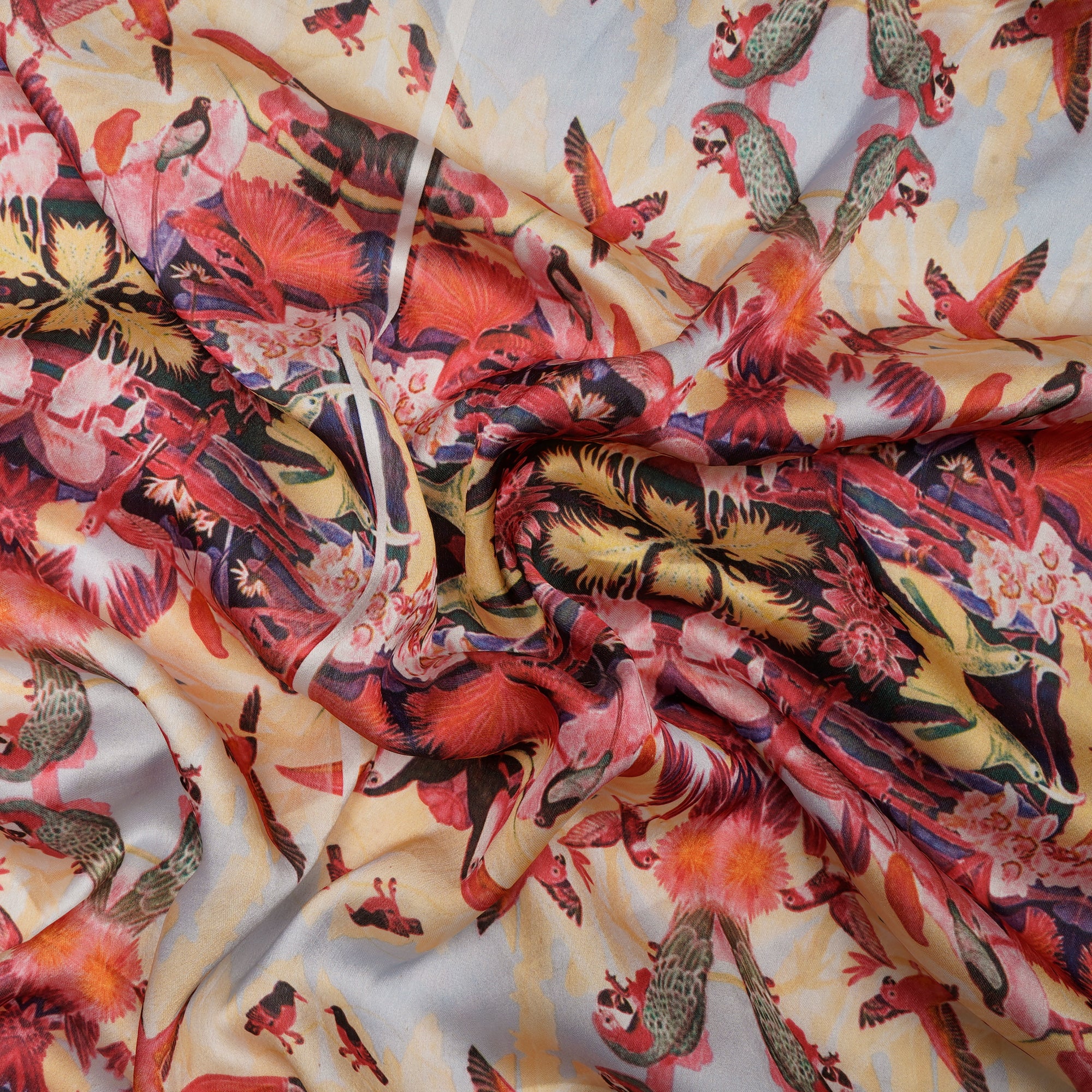 Yellow-Red Floral Pattern Digital Print Imported Armani Satin Fabric (60" Width)