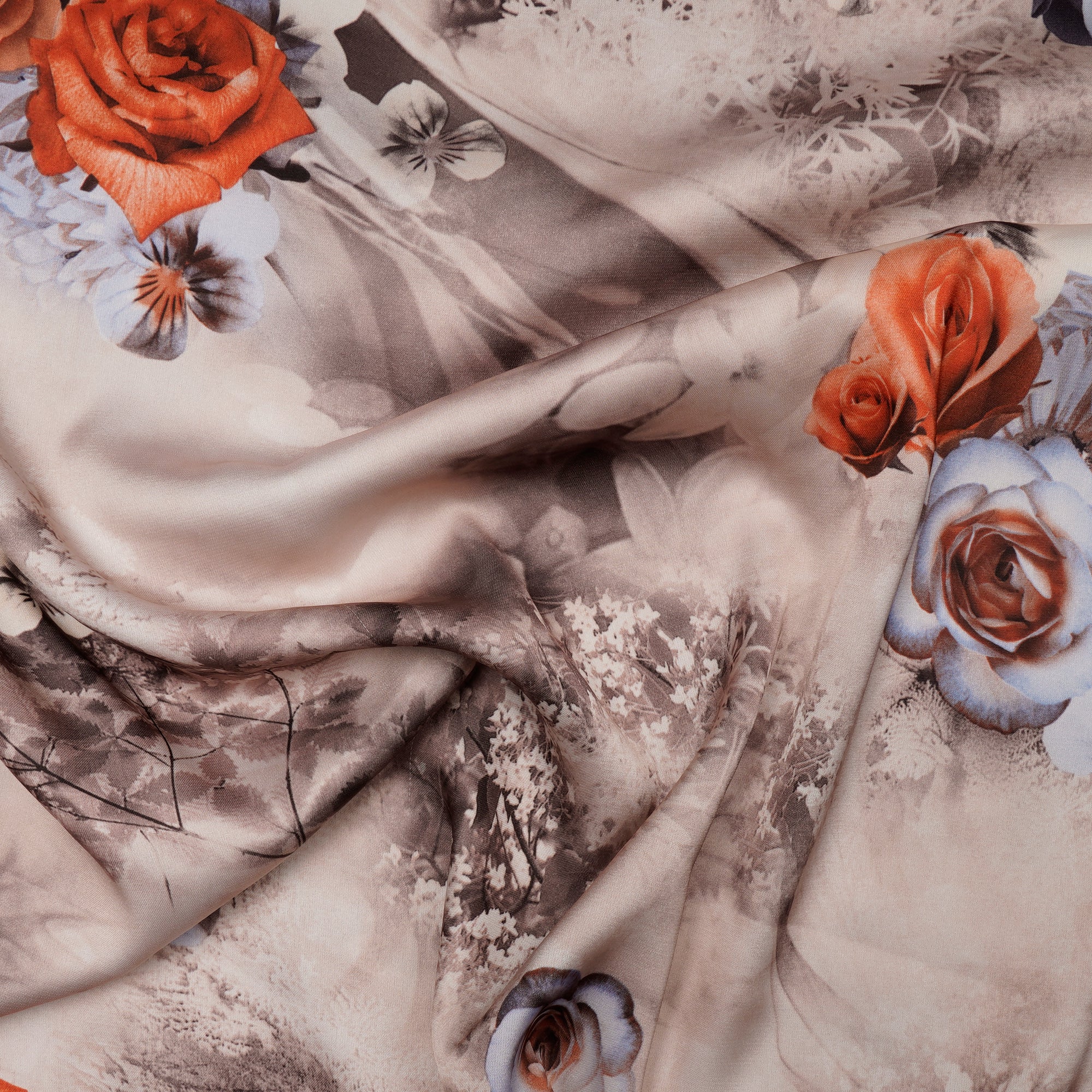 Beige Floral Pattern Digital Print Imported Armani Satin Fabric (60" Width)
