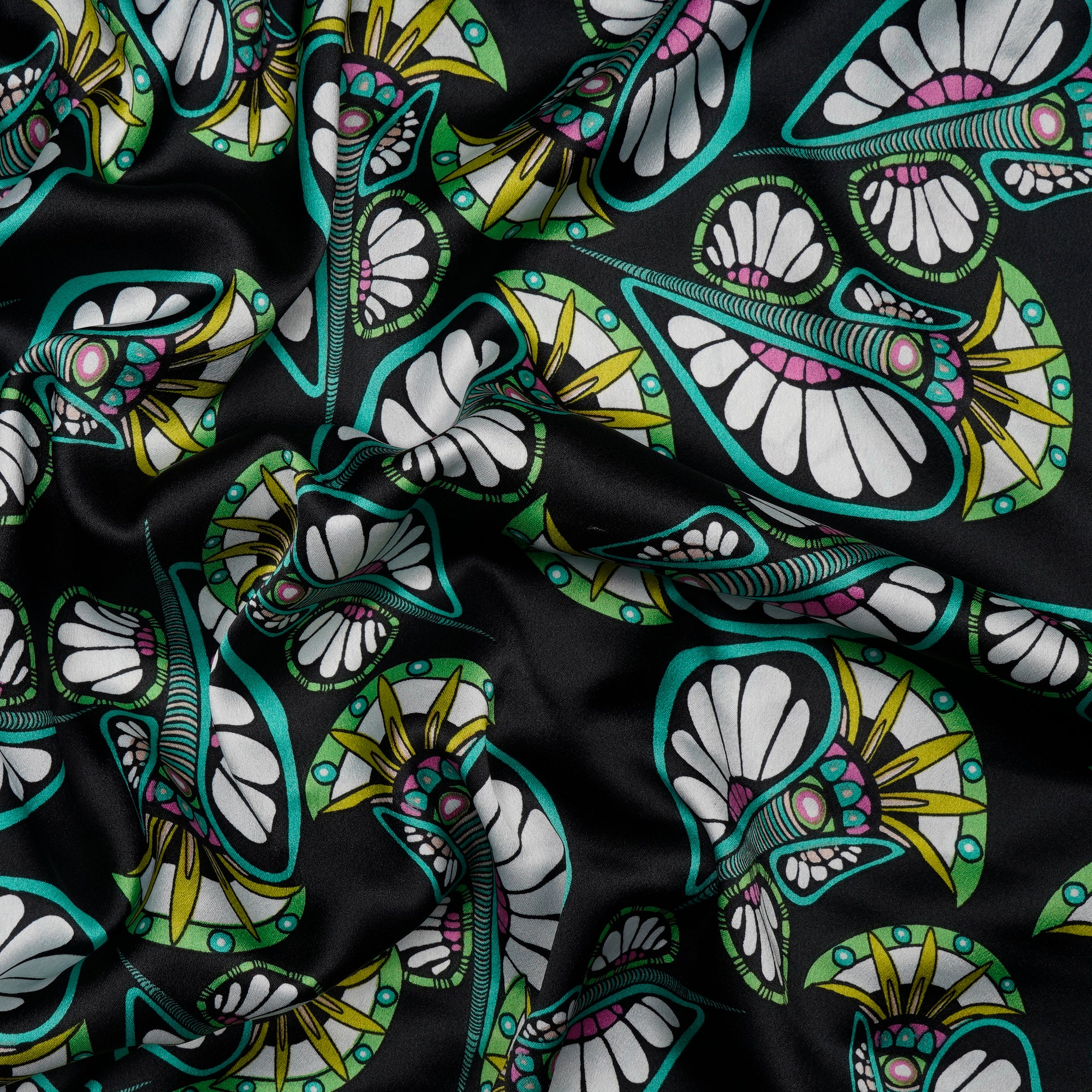 Black-Green Traditional Pattern Digital Print Imported Armani Satin Fabric (60" Width)