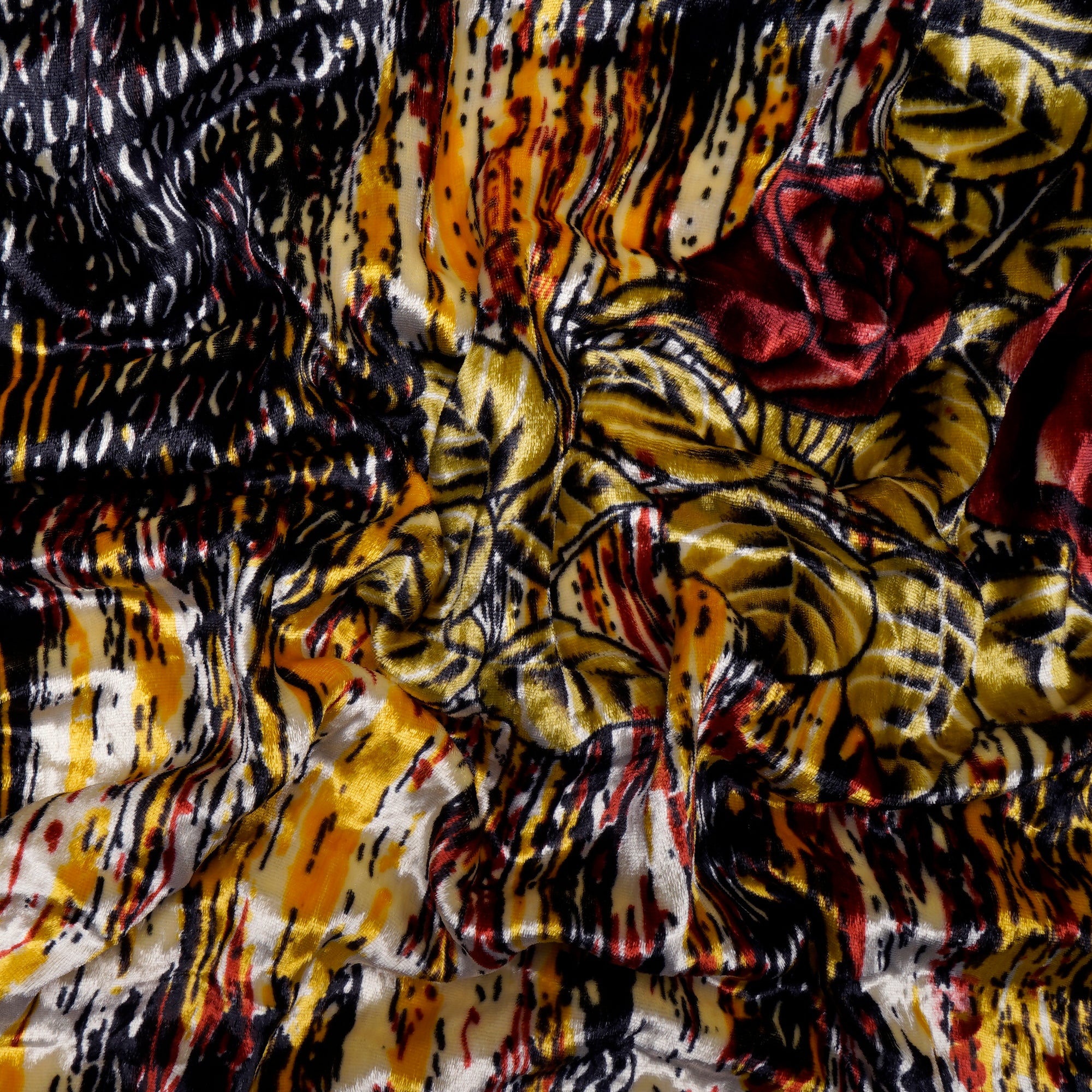 Yellow-Black Floral Pattern Digital Print Imported Silk Velvet Fabric (44" Width)