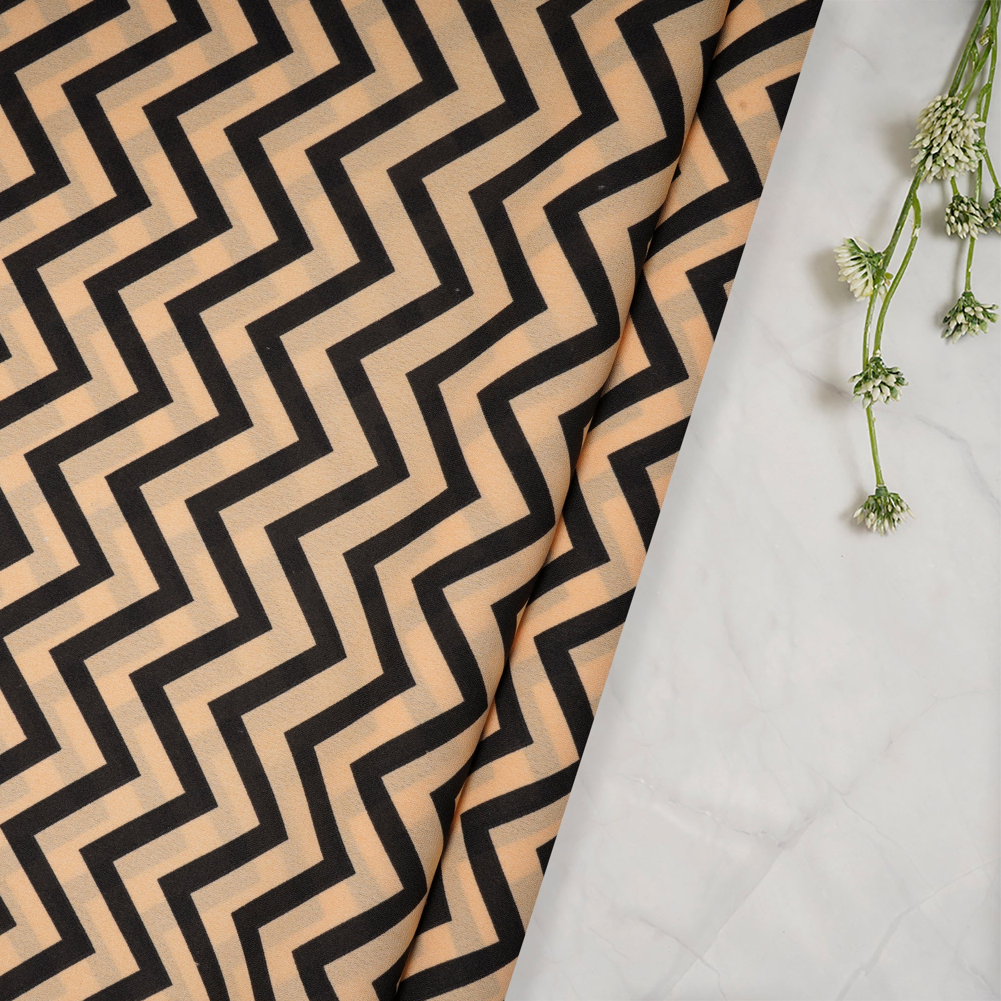 Beige-Black Chevron Pattern Digital Print Imported Royal Georgette Fabric (60" Width)