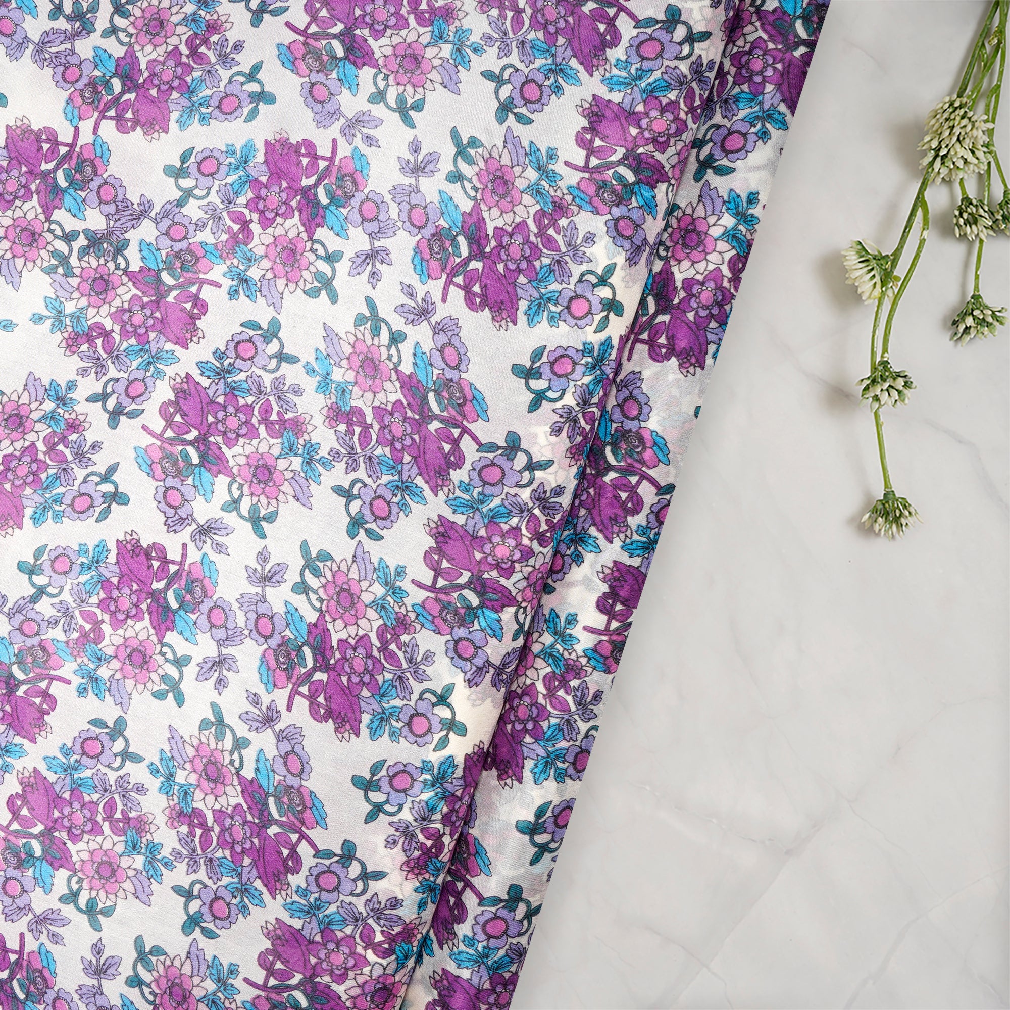Off White-Purple Floral Pattern Digital Print Imported Habutai Silk Fabric (54" Width)