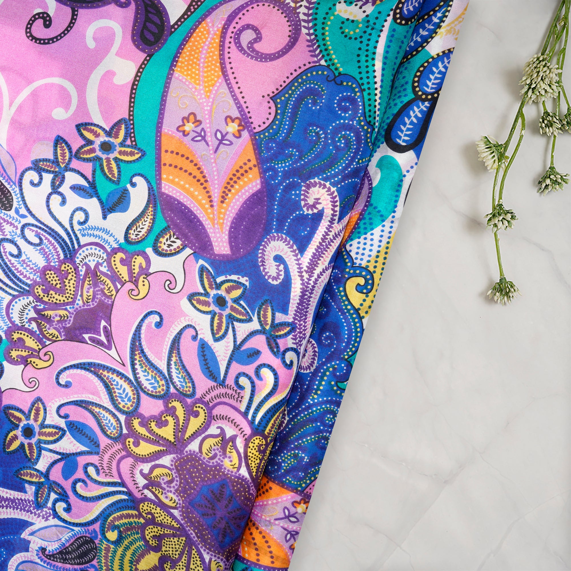 Multi Color Paisley Pattern Digital Print Imported Habutai Silk Fabric (54" Width)