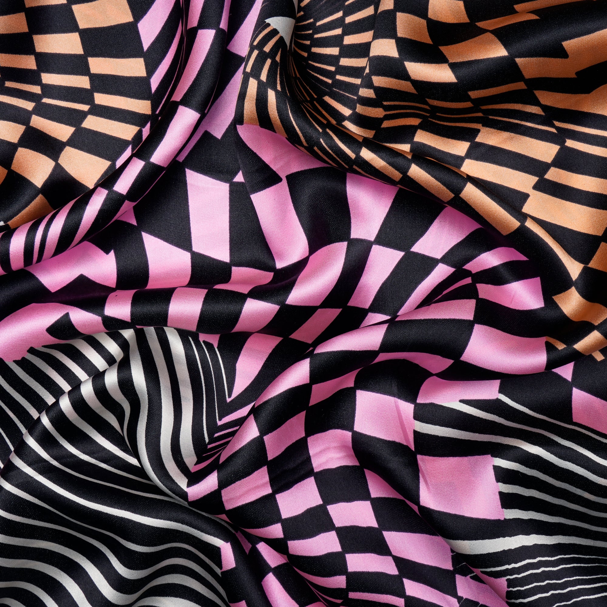 Black-Pink Geometric Pattern Digital Print Imported Silk Satin Fabric (44" Width)