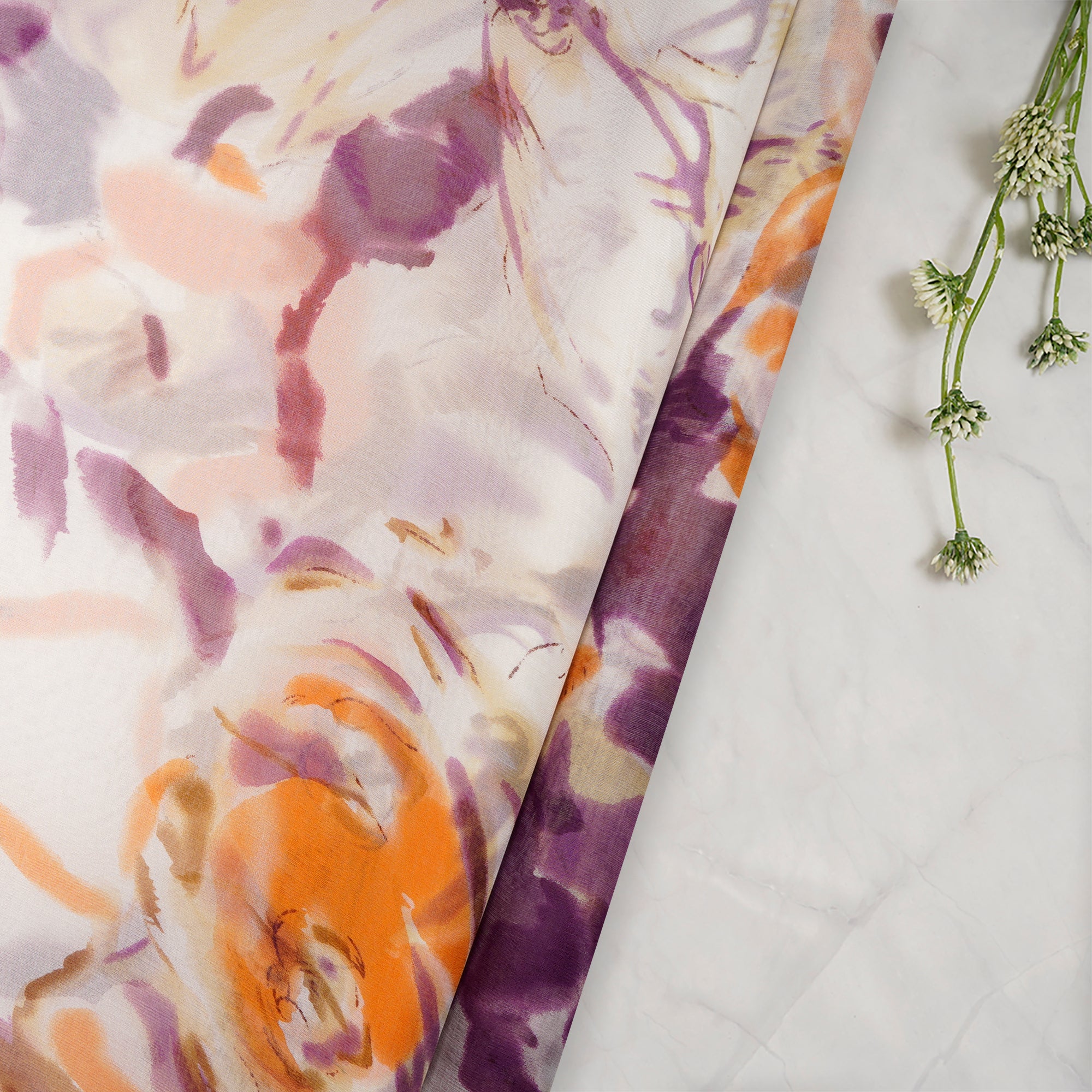 White-Purple Abstract Pattern Digital Print Imported Flat Chiffon Silk Fabric (54" Width)