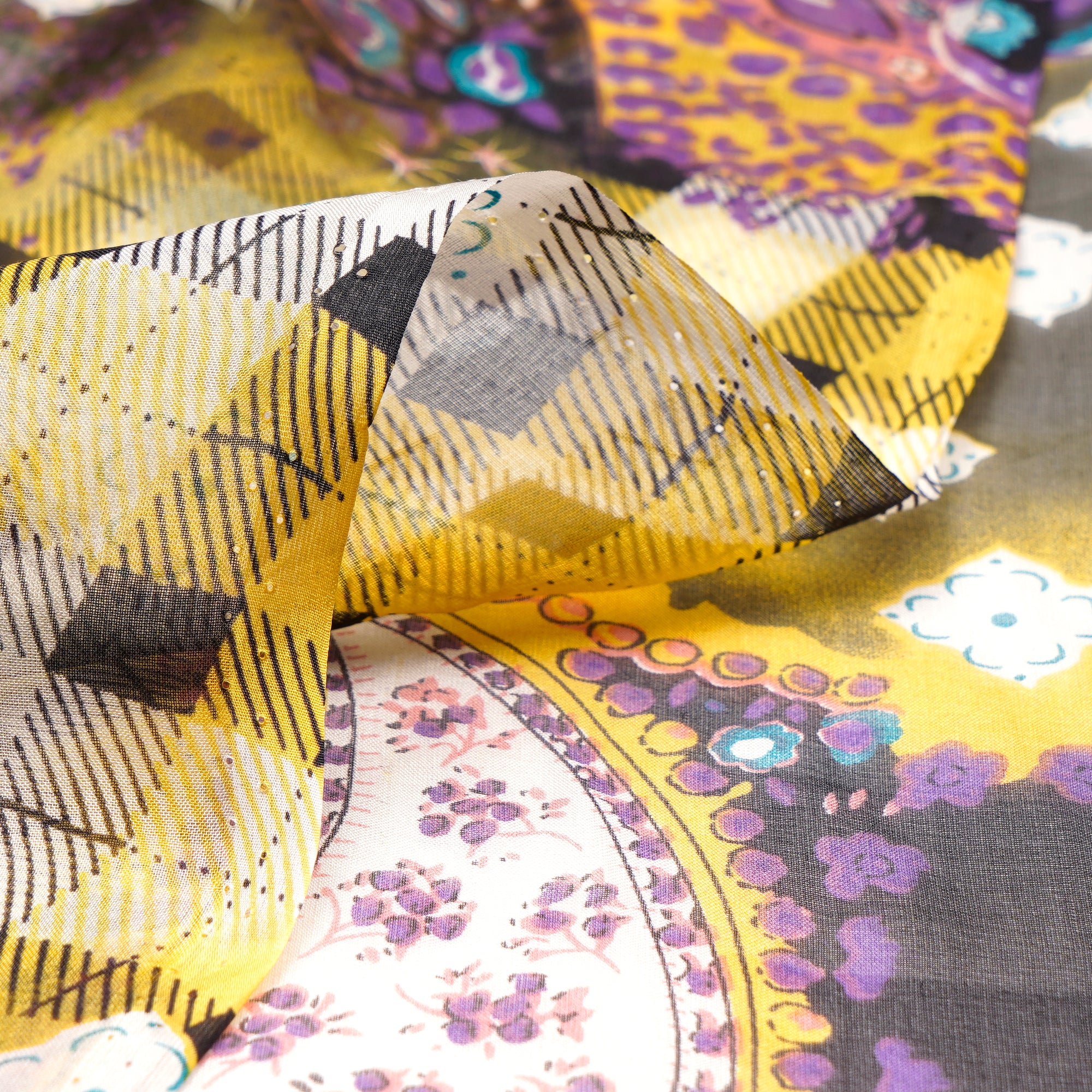 Yellow-Purple Floral Pattern Digital Print Imported Flat Chiffon Silk Fabric (54" Width)