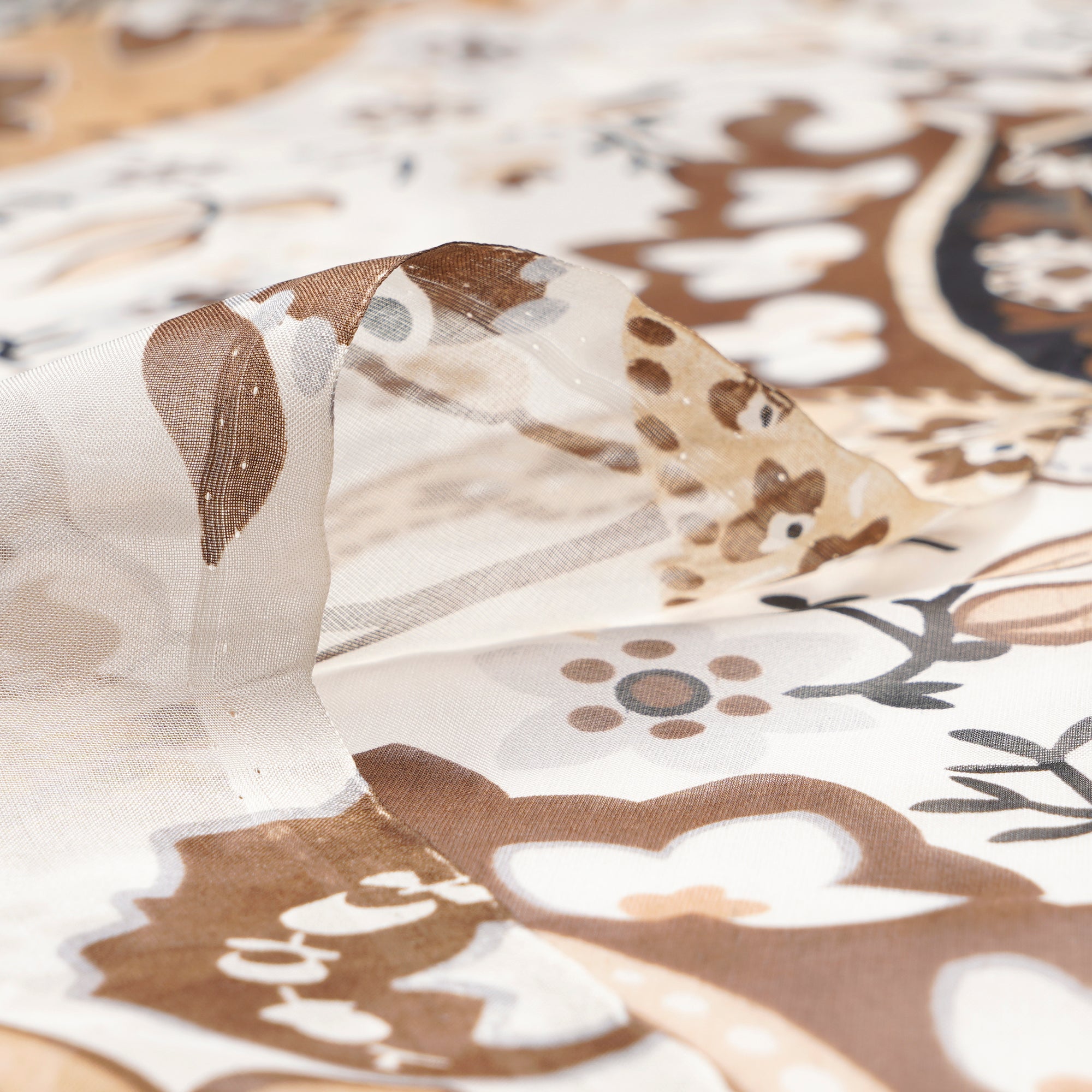 White-Brown Floral Pattern Digital Print Imported Flat Chiffon Silk Fabric (54" Width)