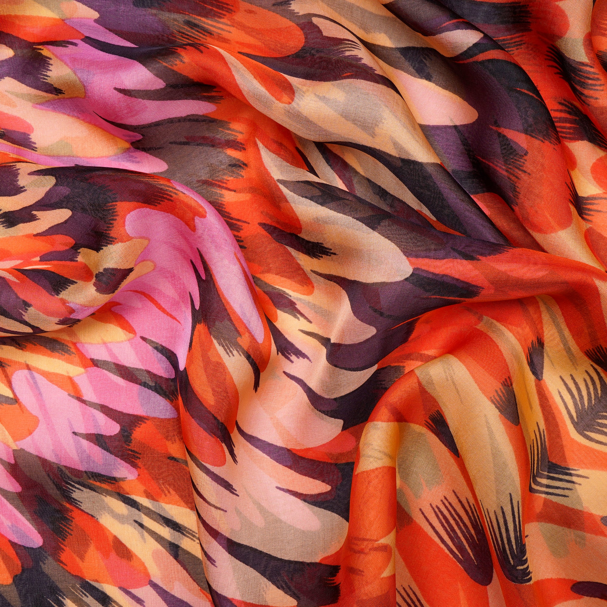 Orange Animated Pattern Digital Print Imported Flat Chiffon Silk Fabric (54" Width)