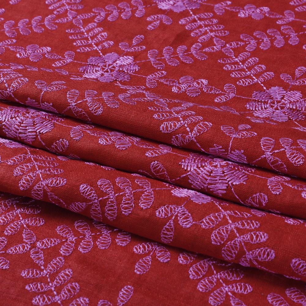 (Pre Cut 1.25 Mtr Piece) Red-Pink Color Embroidered Matka Silk Fabric