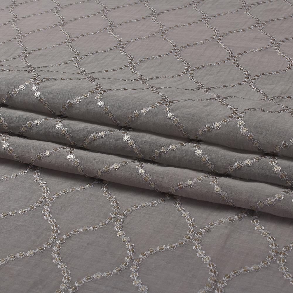 (Pre Cut 2.45 Mtr Piece) Grey Color Embroidered Pure Chanderi Fabric