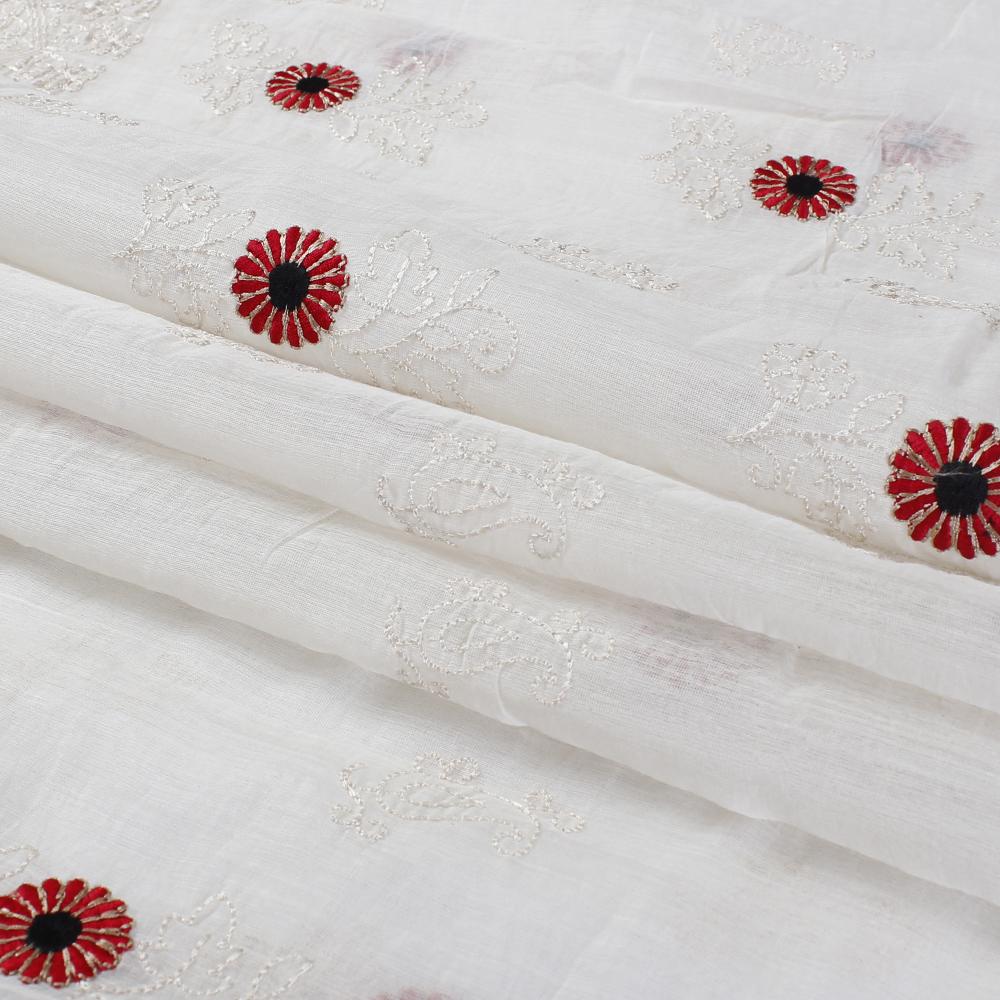 (Pre Cut 2.80 Mtr Piece) White-Red Color Embroidered Pure Chanderi Fabric
