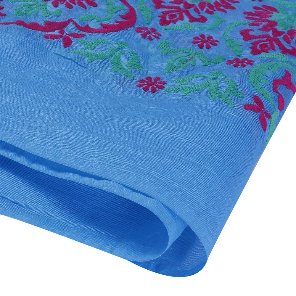 (Pre Cut 1.20 Mtr Piece) Blue-Red Color Embroidered Pure Chanderi Fabric