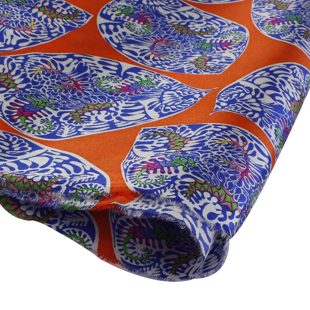 (Pre Cut 2.50 Mtr Piece) Orange-Blue Color Printed Poly Satin Fabric