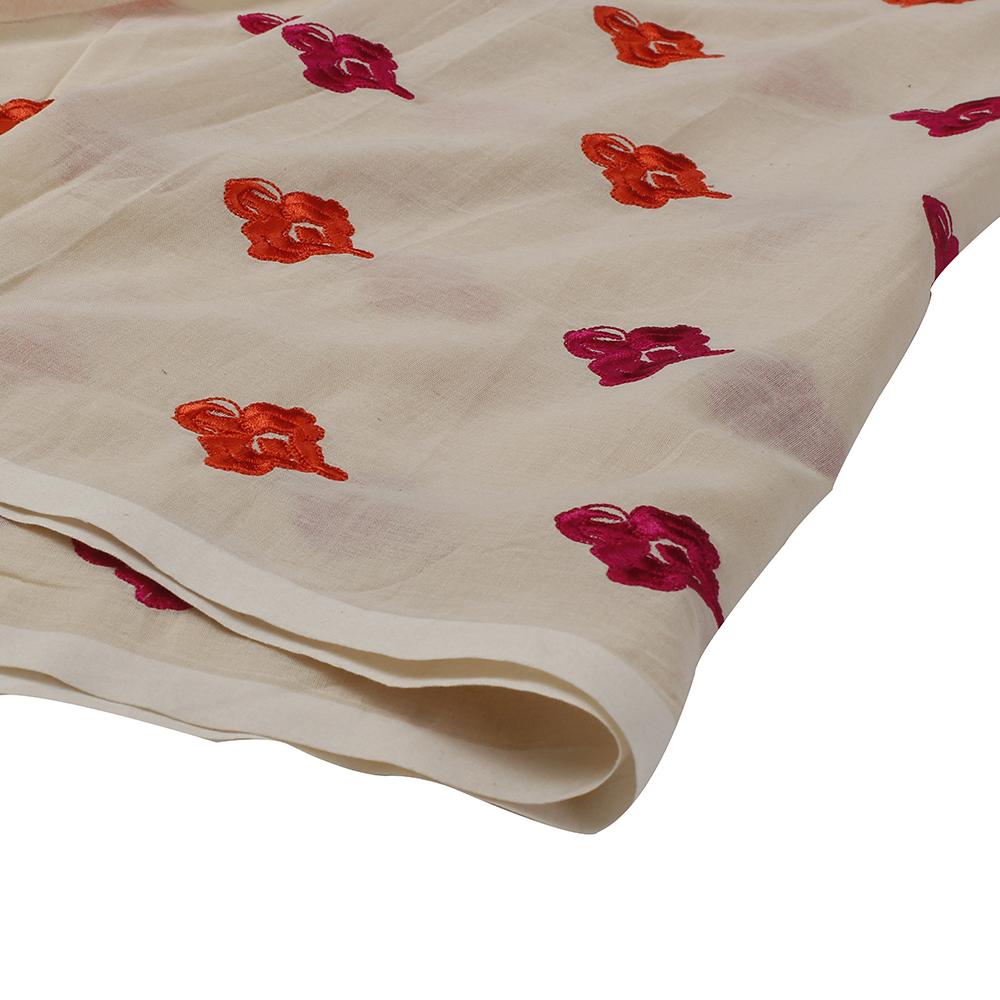 (Pre Cut 2.30 Mtr Piece) Beige-Pink Color Embroidered Cotton Voile Fabric