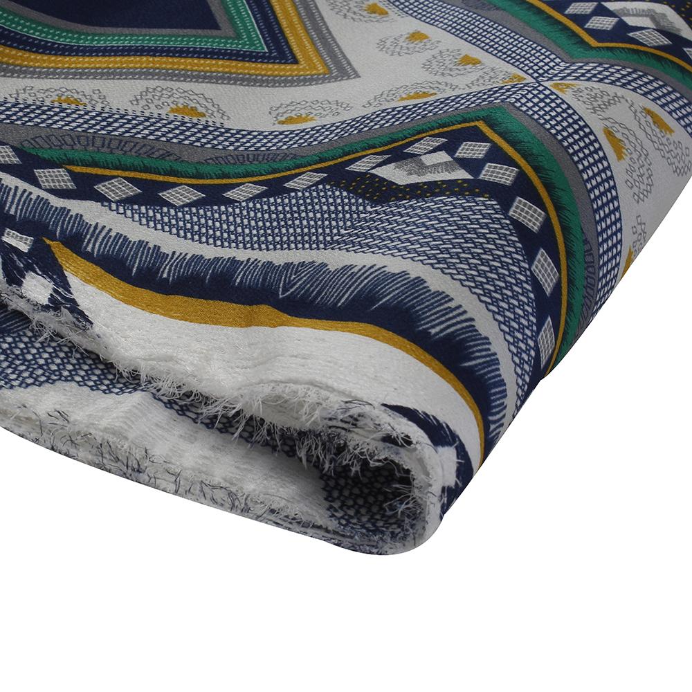 (Pre Cut 2 Mtr Piece) Blue-Yellow Color Printed Poly Georgette Satin Fabric