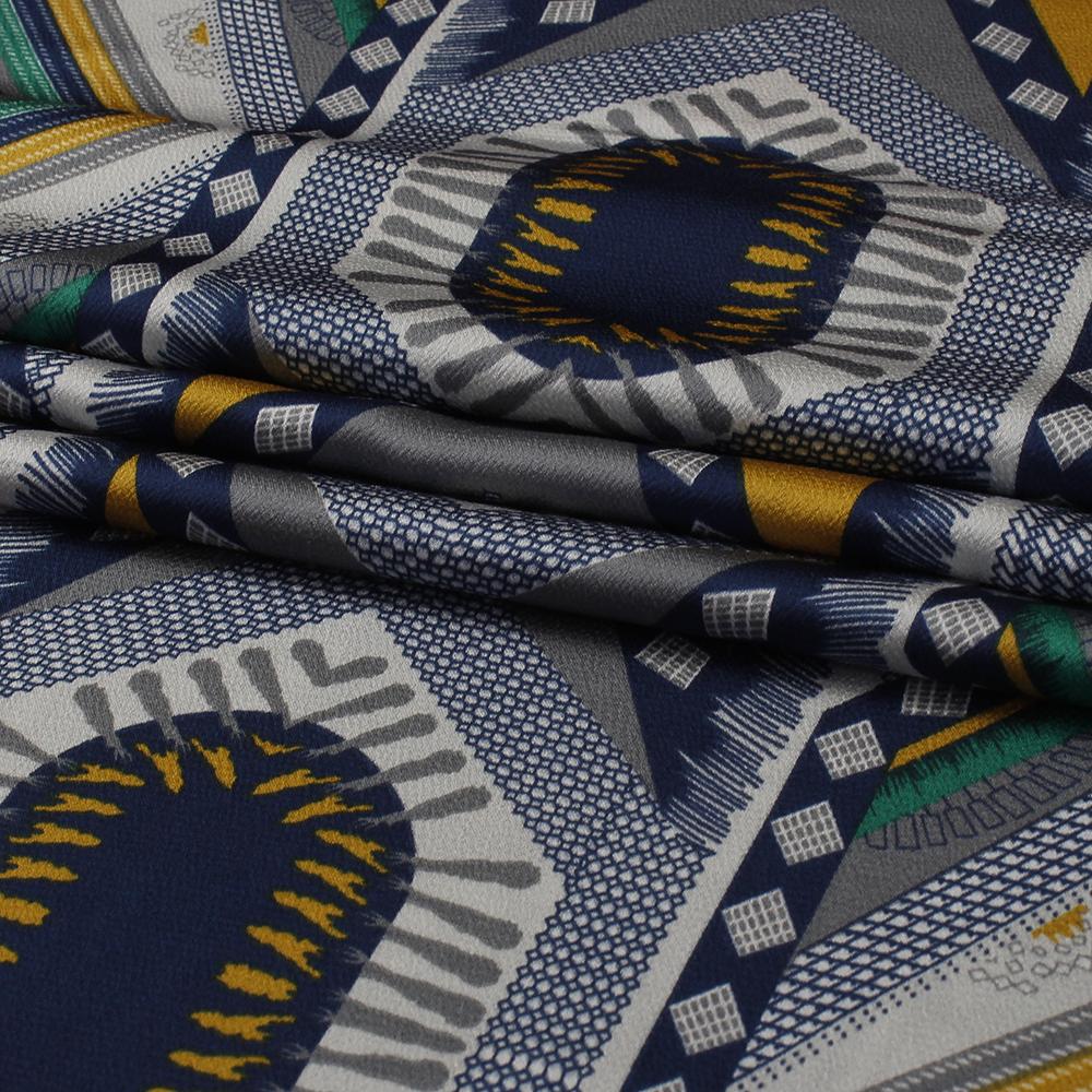 (Pre Cut 2 Mtr Piece) Blue-Yellow Color Printed Poly Georgette Satin Fabric