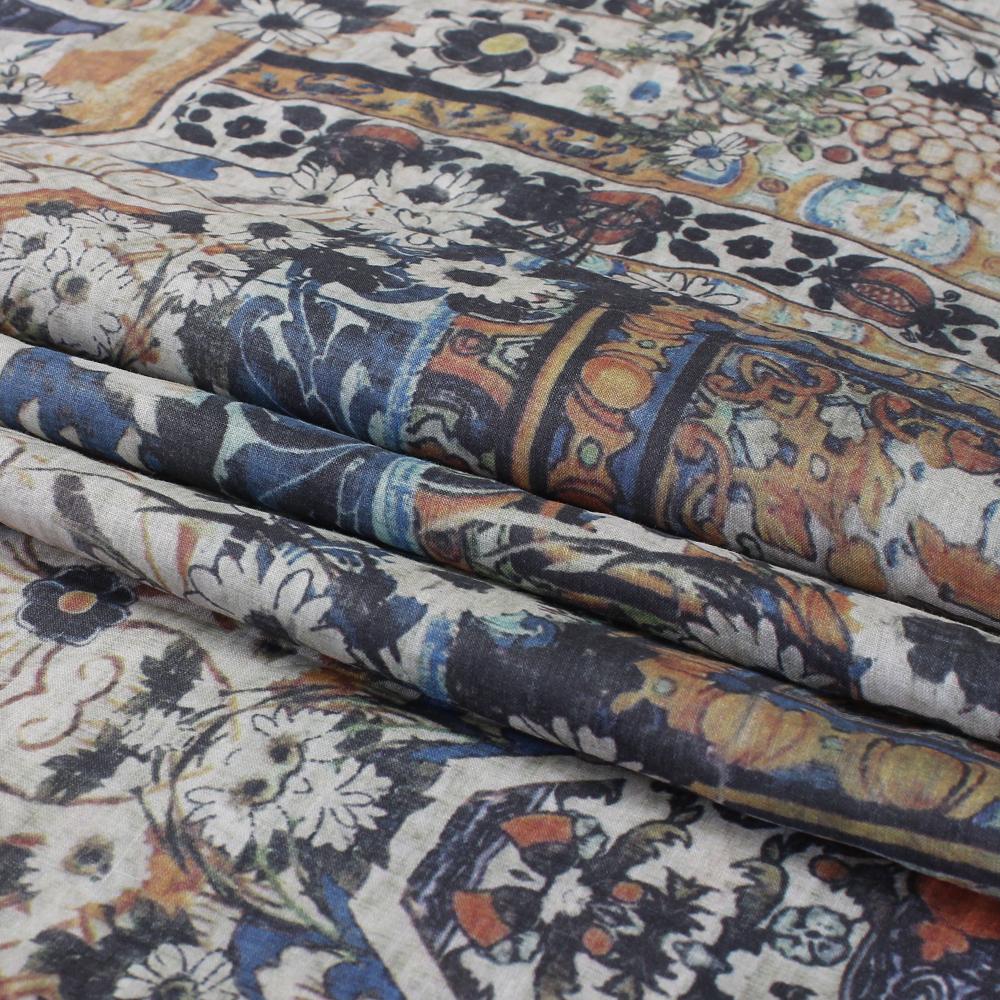 (Pre Cut 2.90 Mtr Piece) Multi Color Printed Linen Fabric