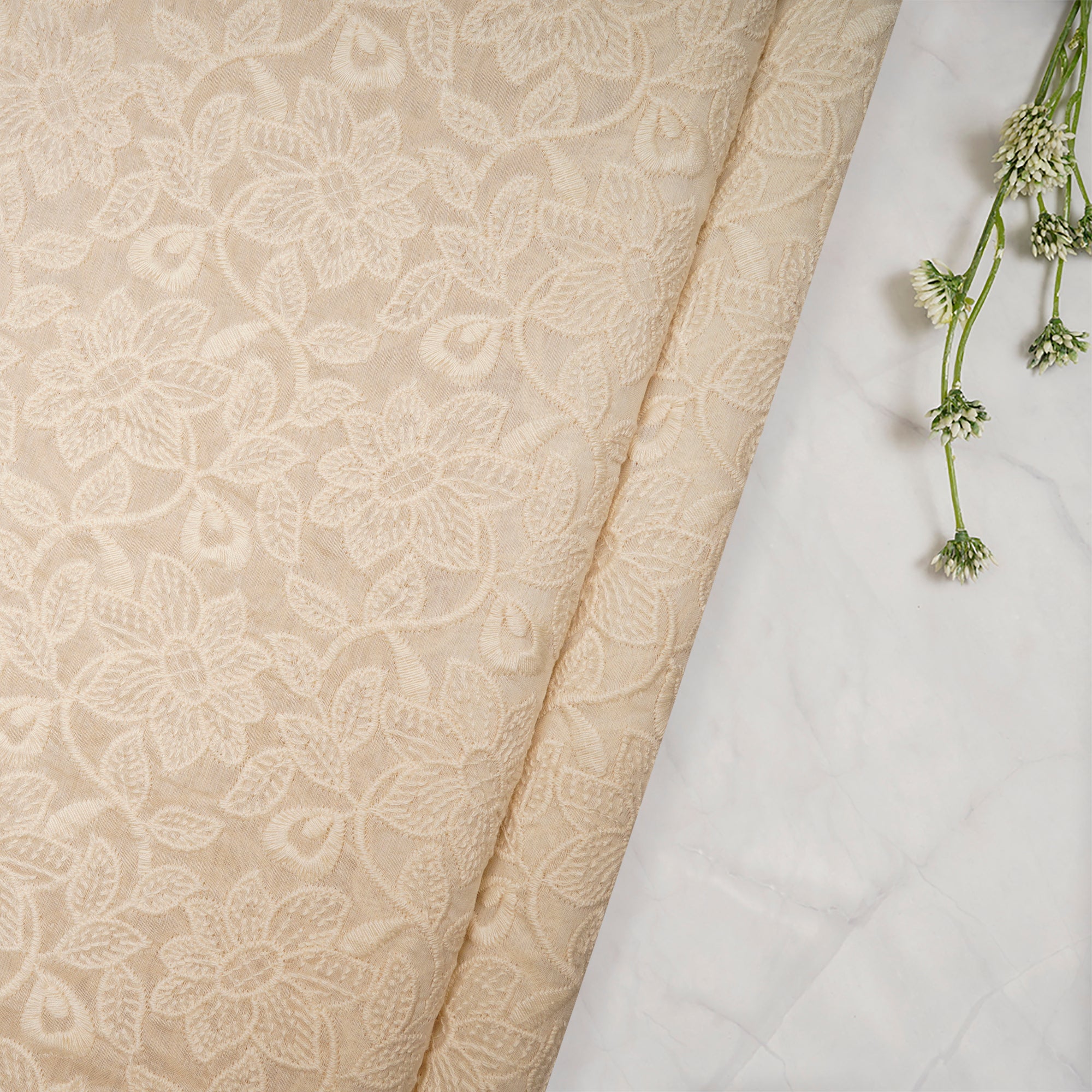 (Pre Cut 2.90Mtr )White Color Embroidered Fine Chanderi Fabric