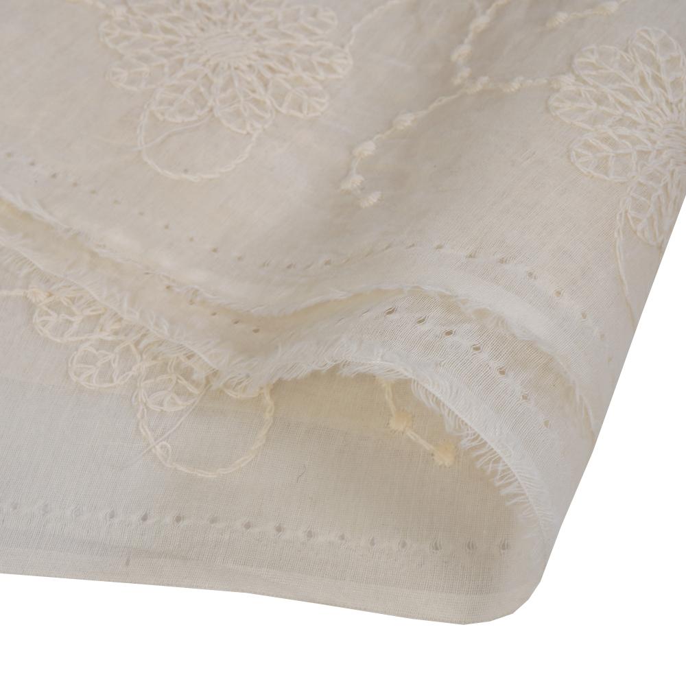 (Pre Cut 1.90 Mtr Piece) White Color Embroidered Pure Chanderi Fabric