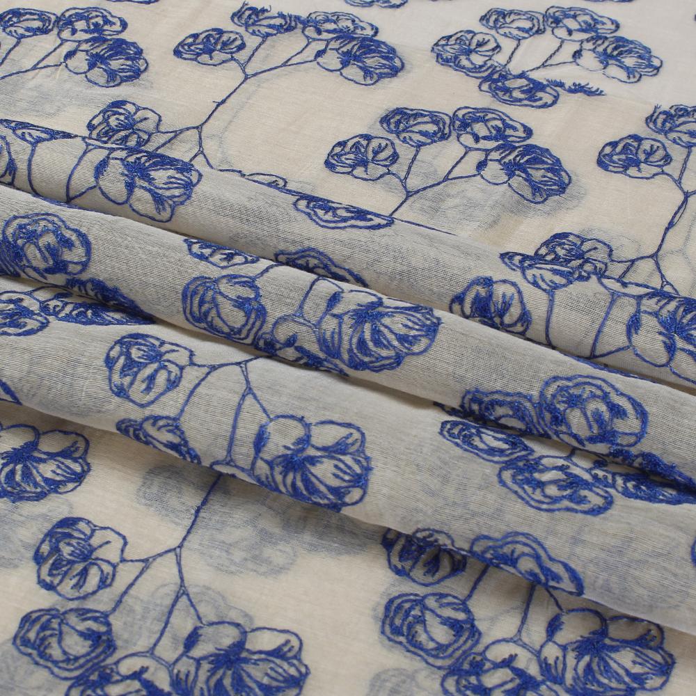 (Pre Cut 1.30 Mtr Piece) Cream-Blue Color Embroidered Pure Chanderi Fabric