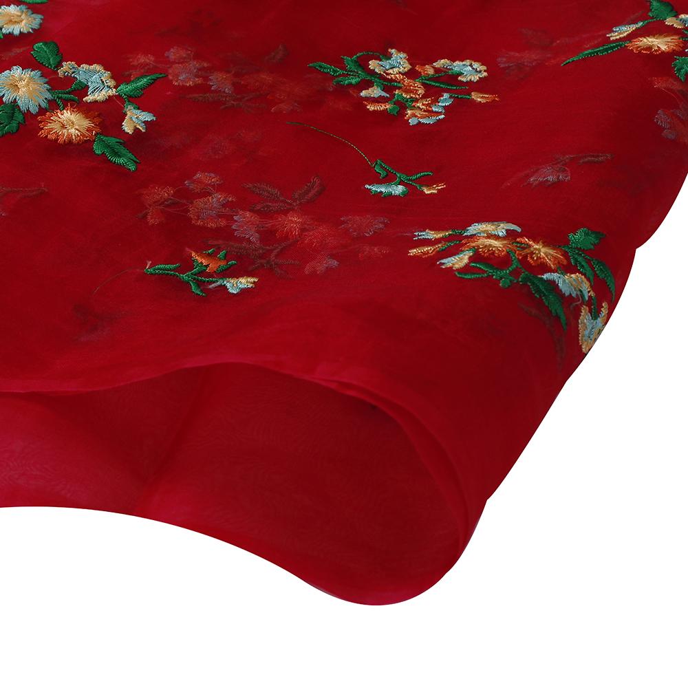 (Pre Cut 1.20 Mtr Piece) Blood Red Color Embroidered Organza Silk Fabric