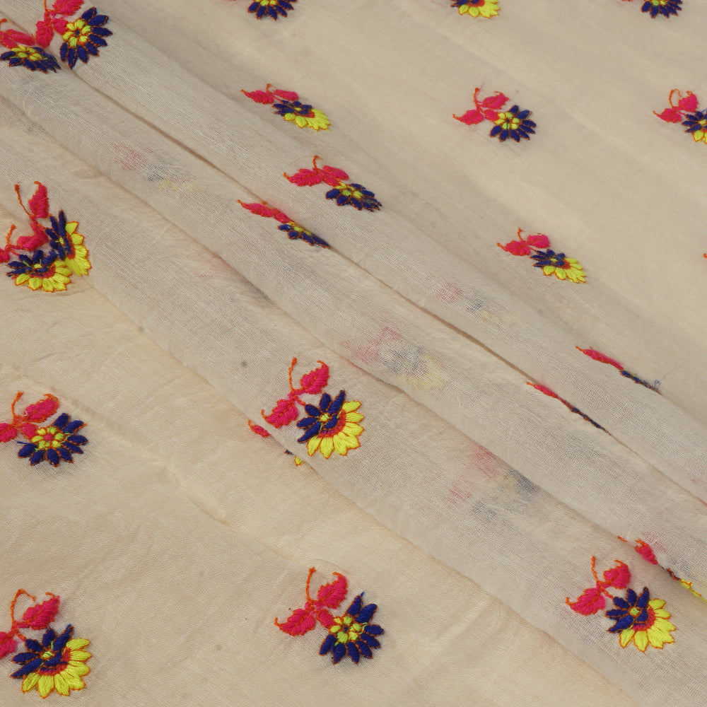 (Pre Cut 1.70 Mtr Piece) Off White Color Embroidered Pure Chanderi Fabric