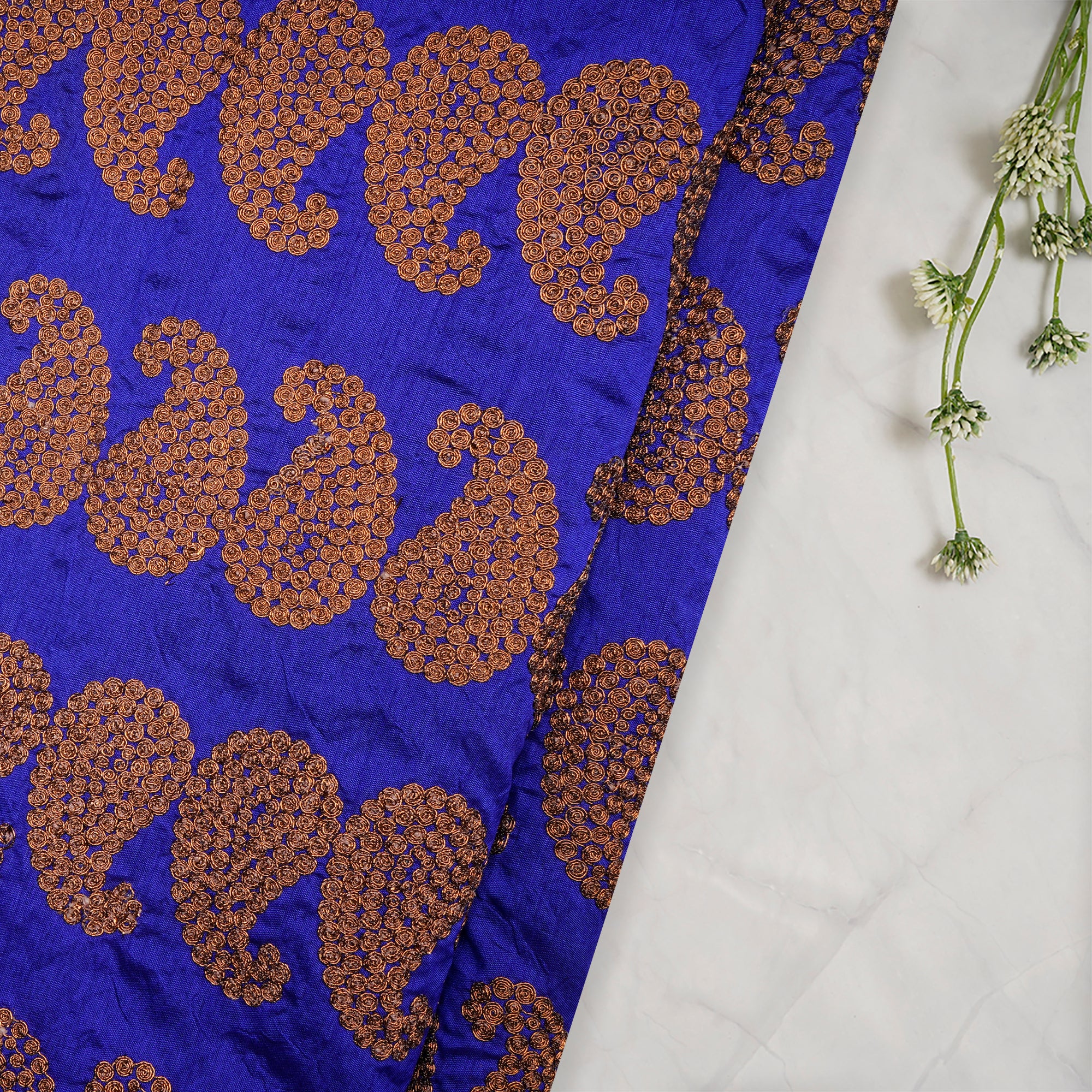 (Pre Cut 3.90 Mtr Piece) Royal Blue Color Embroidered Polyester Fabric