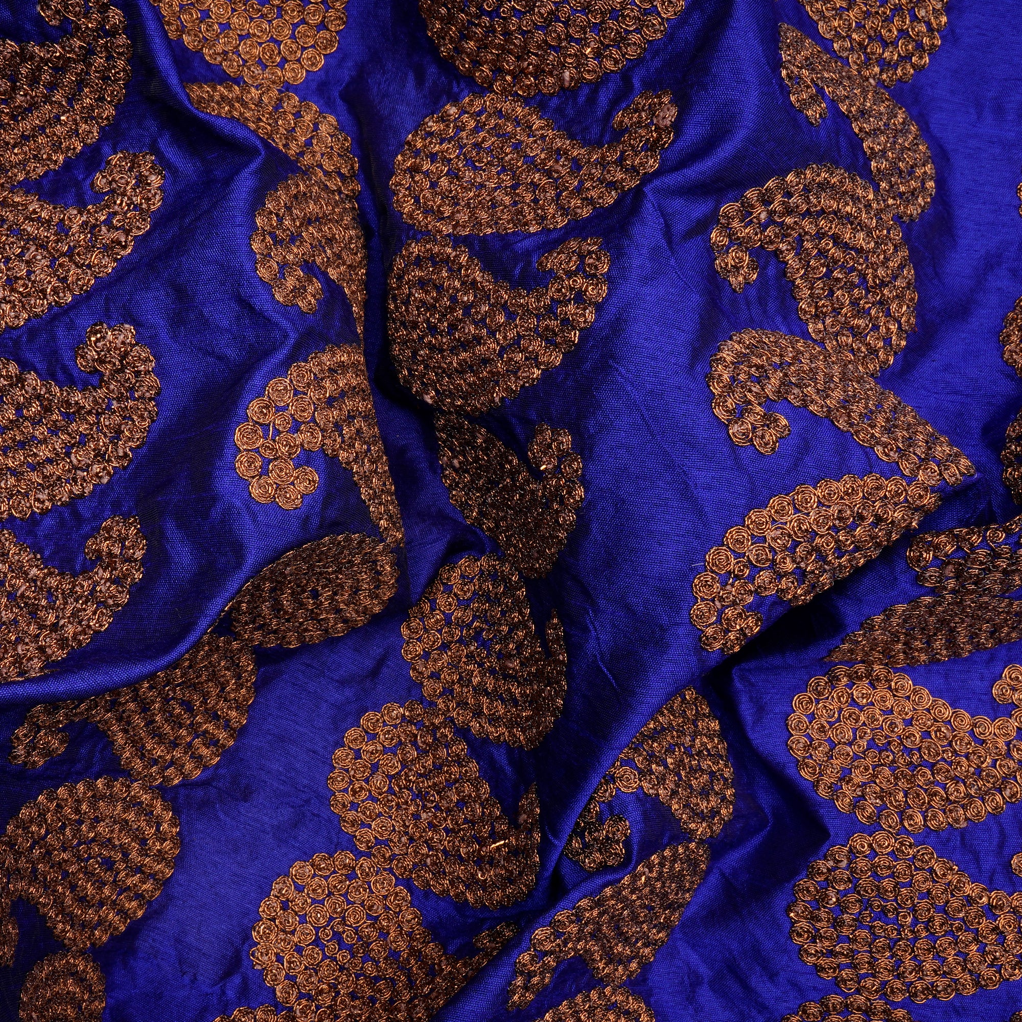 (Pre Cut 3.90 Mtr Piece) Royal Blue Color Embroidered Polyester Fabric