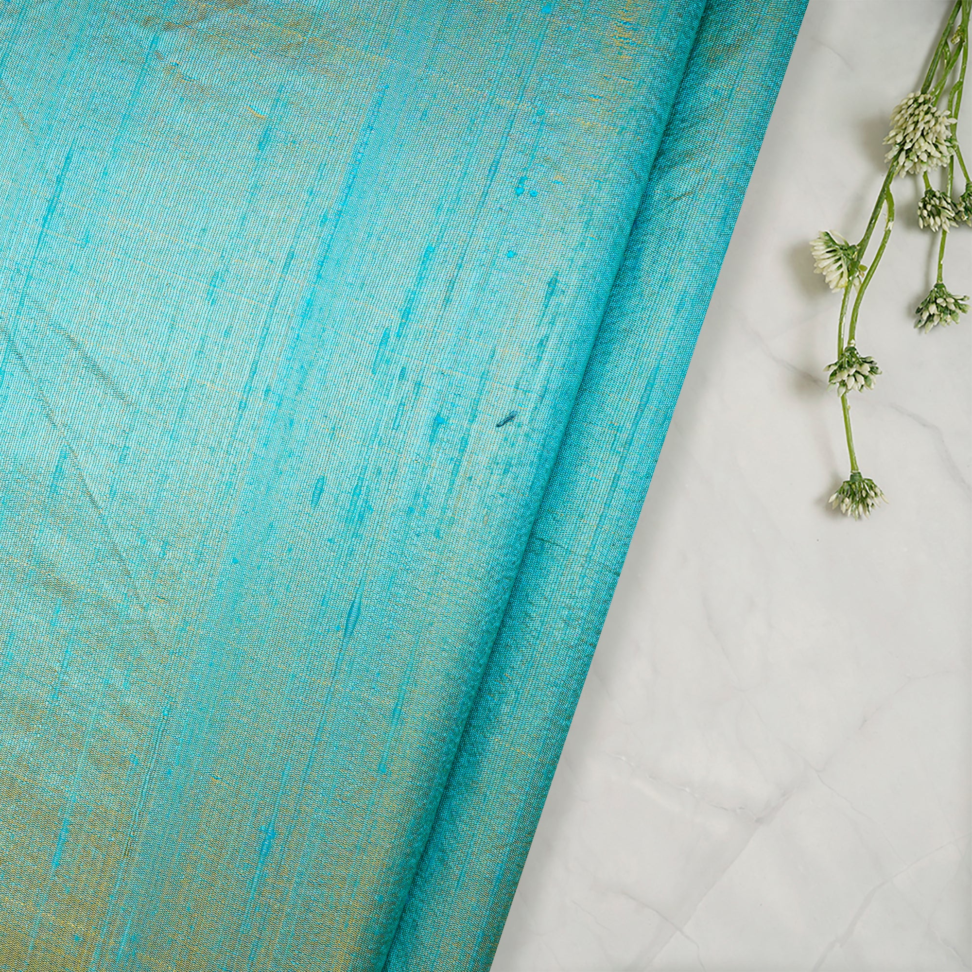 (Pre Cut 3.40Mtr )Blue-Yellow Dual Tone Blended Dupion Silk Fabric