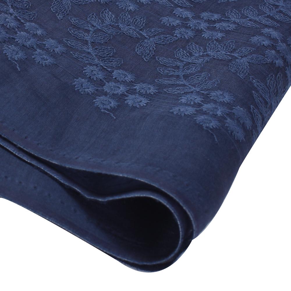 (Pre Cut 2.20 Mtr Piece) Navy Color Embroidered Pure Chanderi Fabric