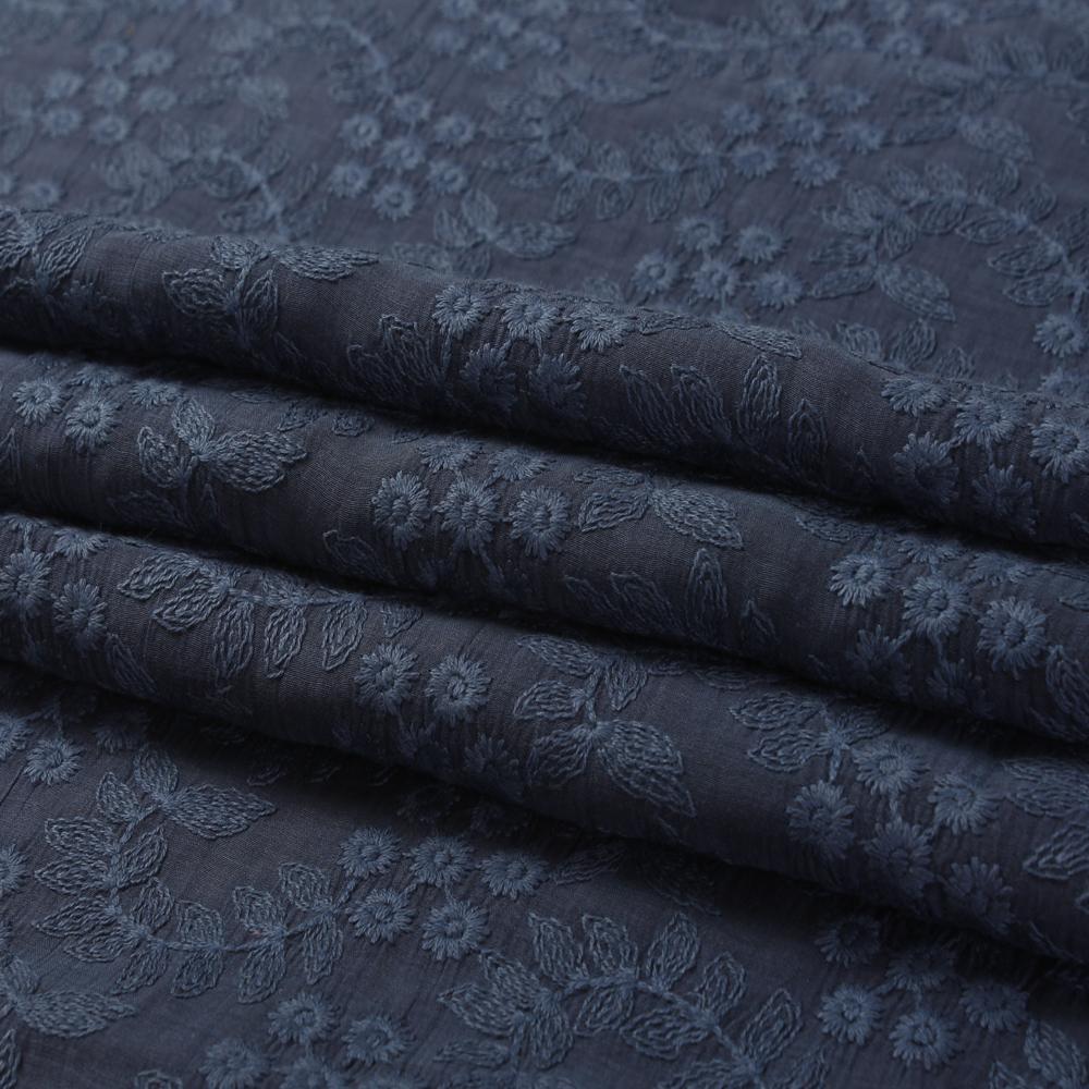 (Pre Cut 2.20 Mtr Piece) Navy Color Embroidered Pure Chanderi Fabric