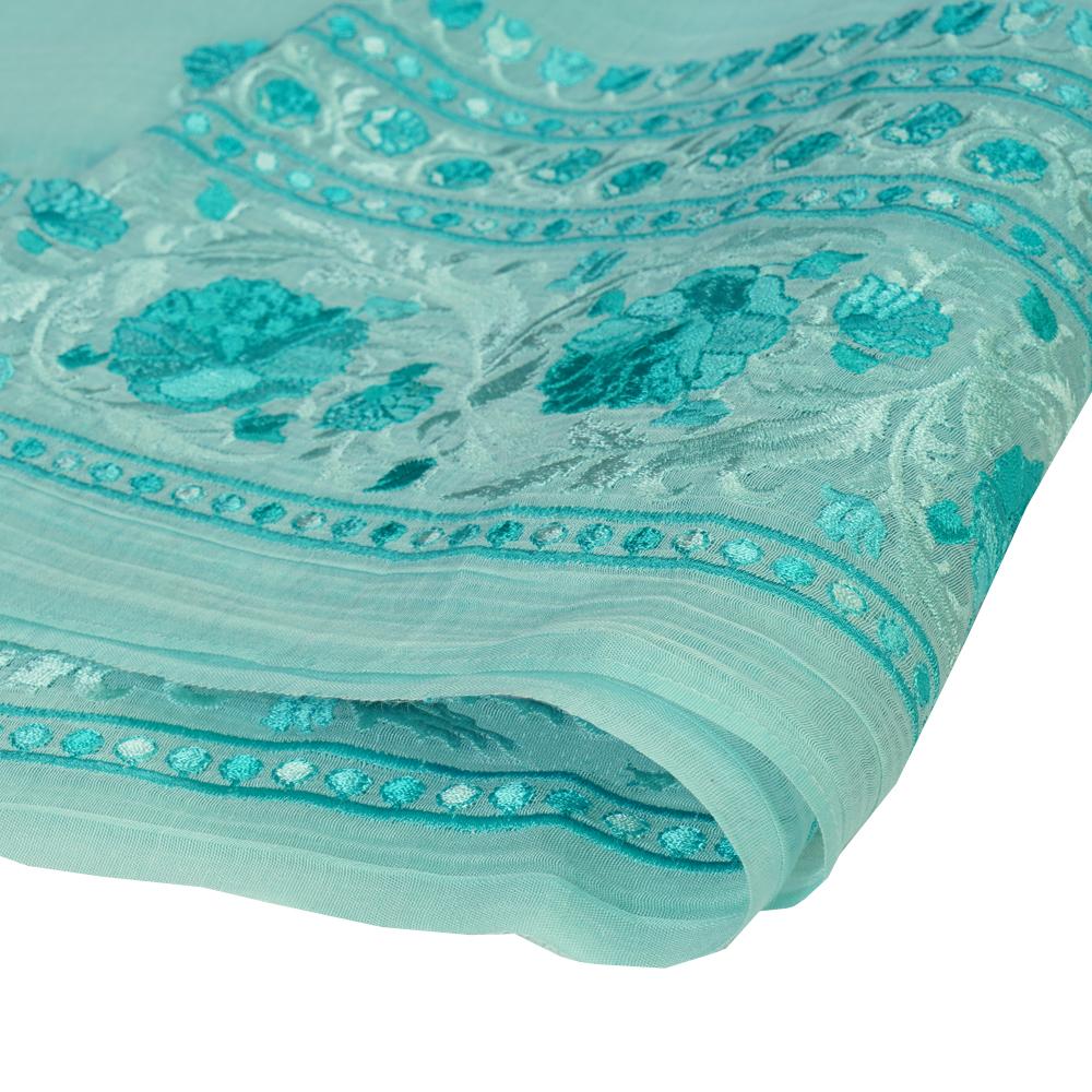 (Pre Cut 1.20 Mtr Piece) Sky Color Embroidered Pure Chanderi Fabric