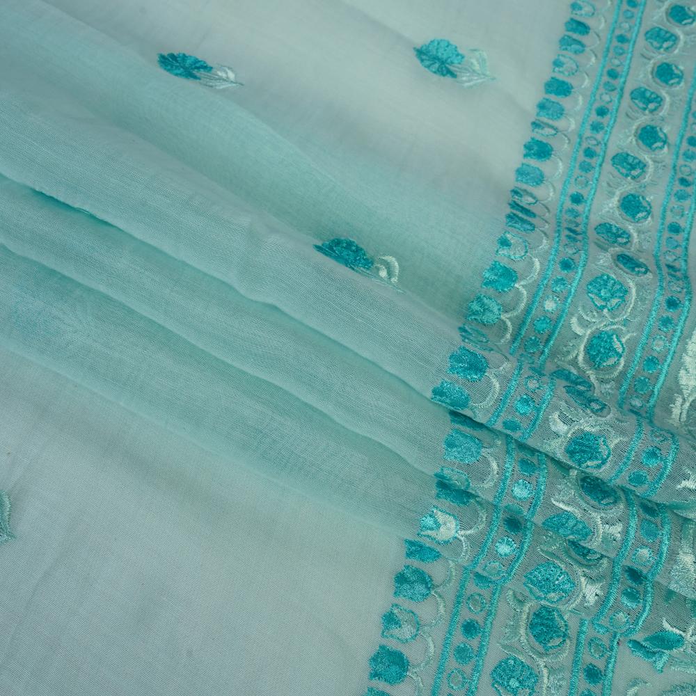 (Pre Cut 1.20 Mtr Piece) Sky Color Embroidered Pure Chanderi Fabric