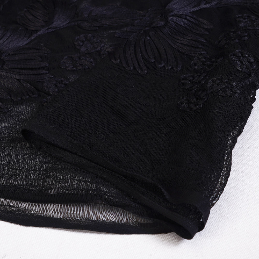 (Pre Cut 1.35 Mtr Piece) Black Color Embroidered Nylon Net Fabric