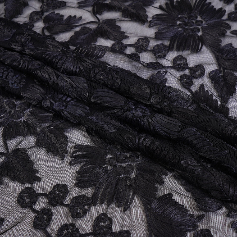 (Pre Cut 1.35 Mtr Piece) Black Color Embroidered Nylon Net Fabric