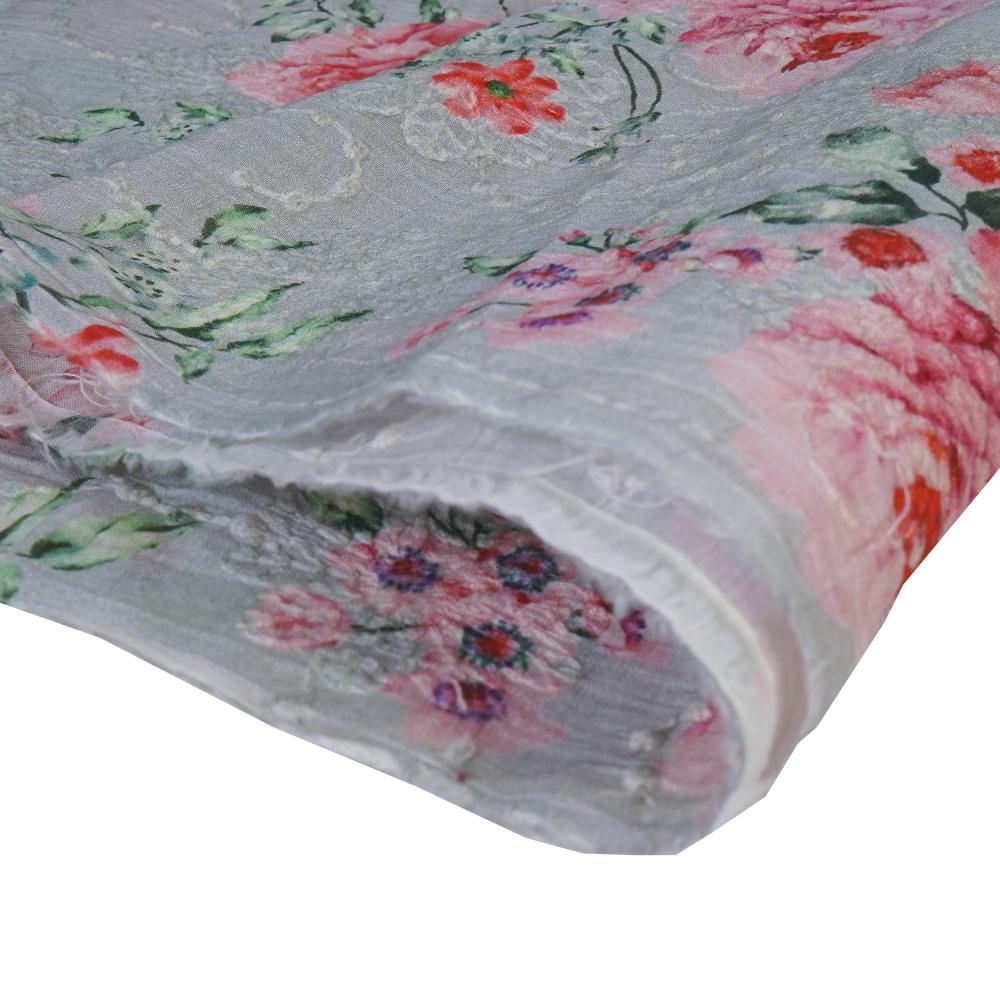 (Pre Cut 1.10 Mtr Piece) Grey Color Digital Printed Embroidered Pure Chanderi Fabric