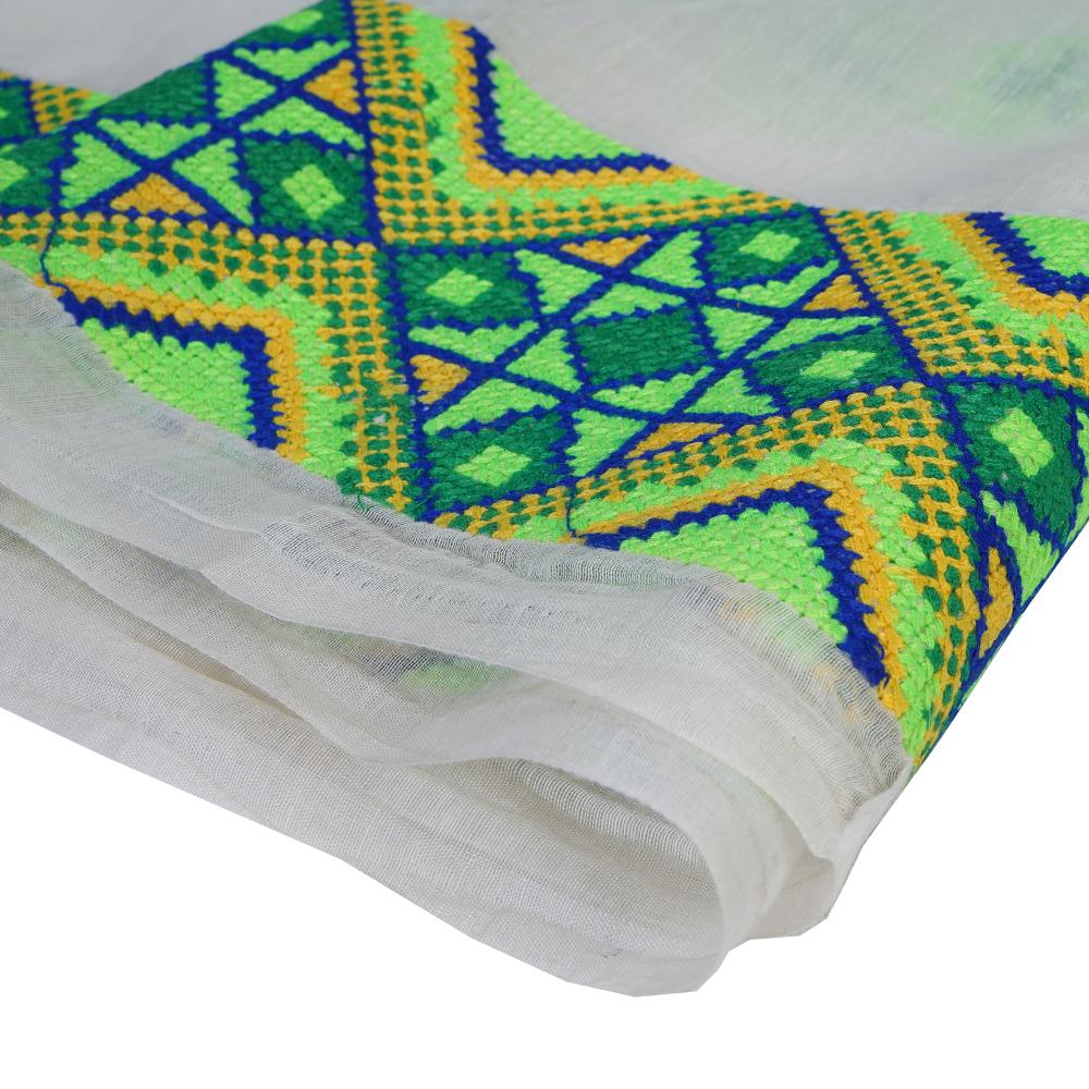 (Pre Cut 0.95 Mtr Piece) White-Light Green Color Embroidered Pure Chanderi Fabric