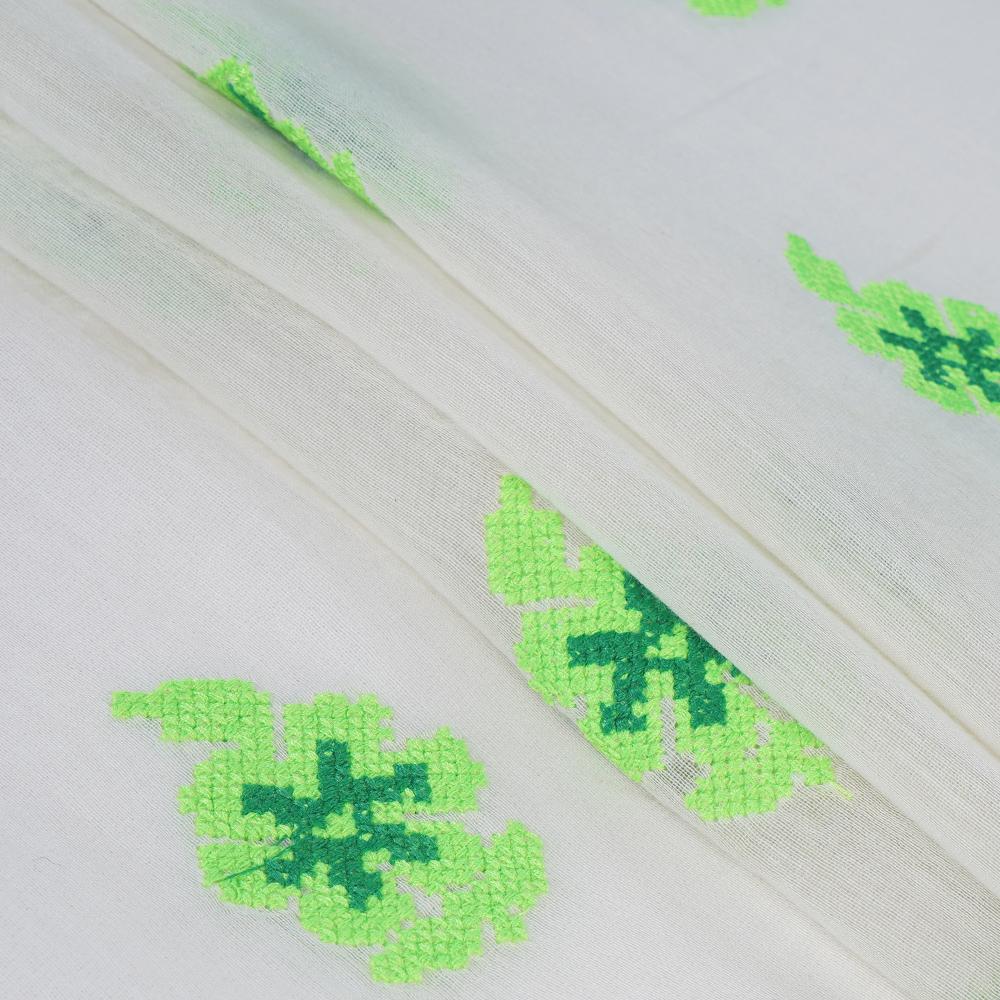 (Pre Cut 0.95 Mtr Piece) White-Light Green Color Embroidered Pure Chanderi Fabric