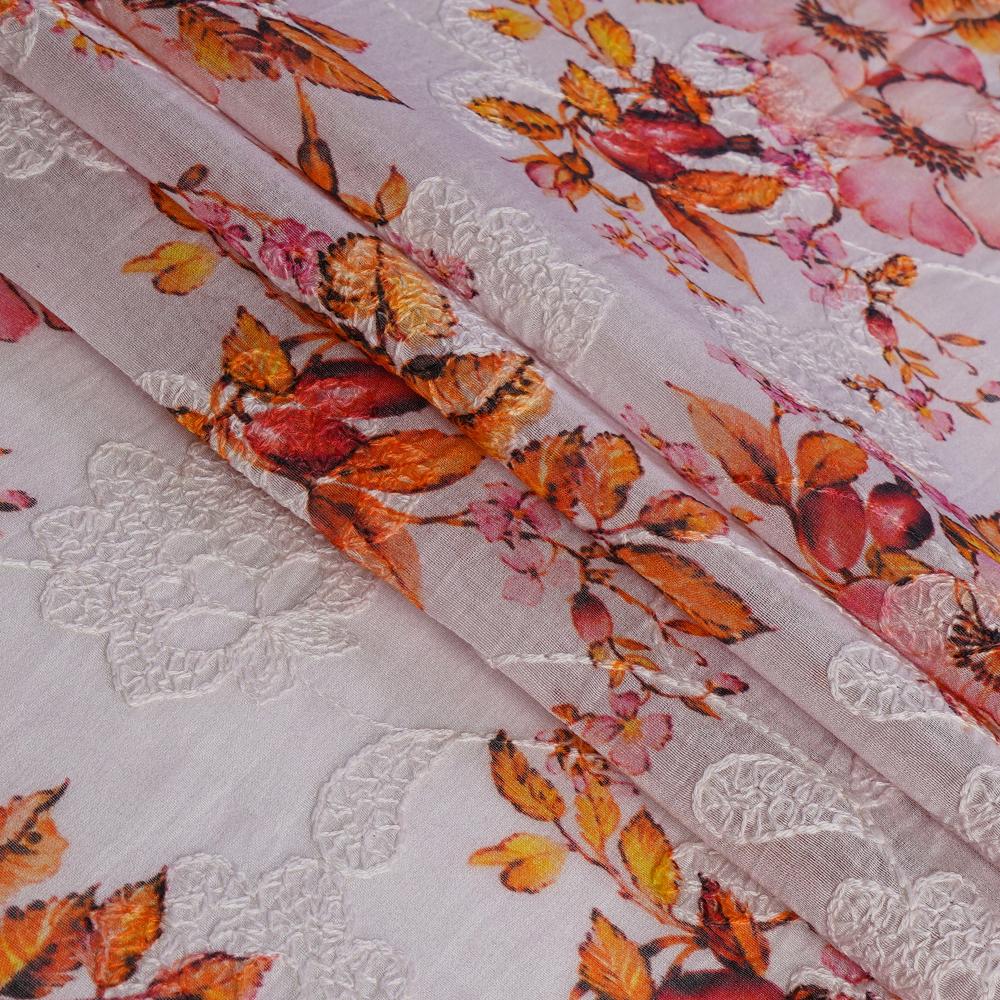 (Pre Cut 1.10 Mtr Piece) Light Pink Color Digital Printed Embroidered Pure Chanderi Fabric