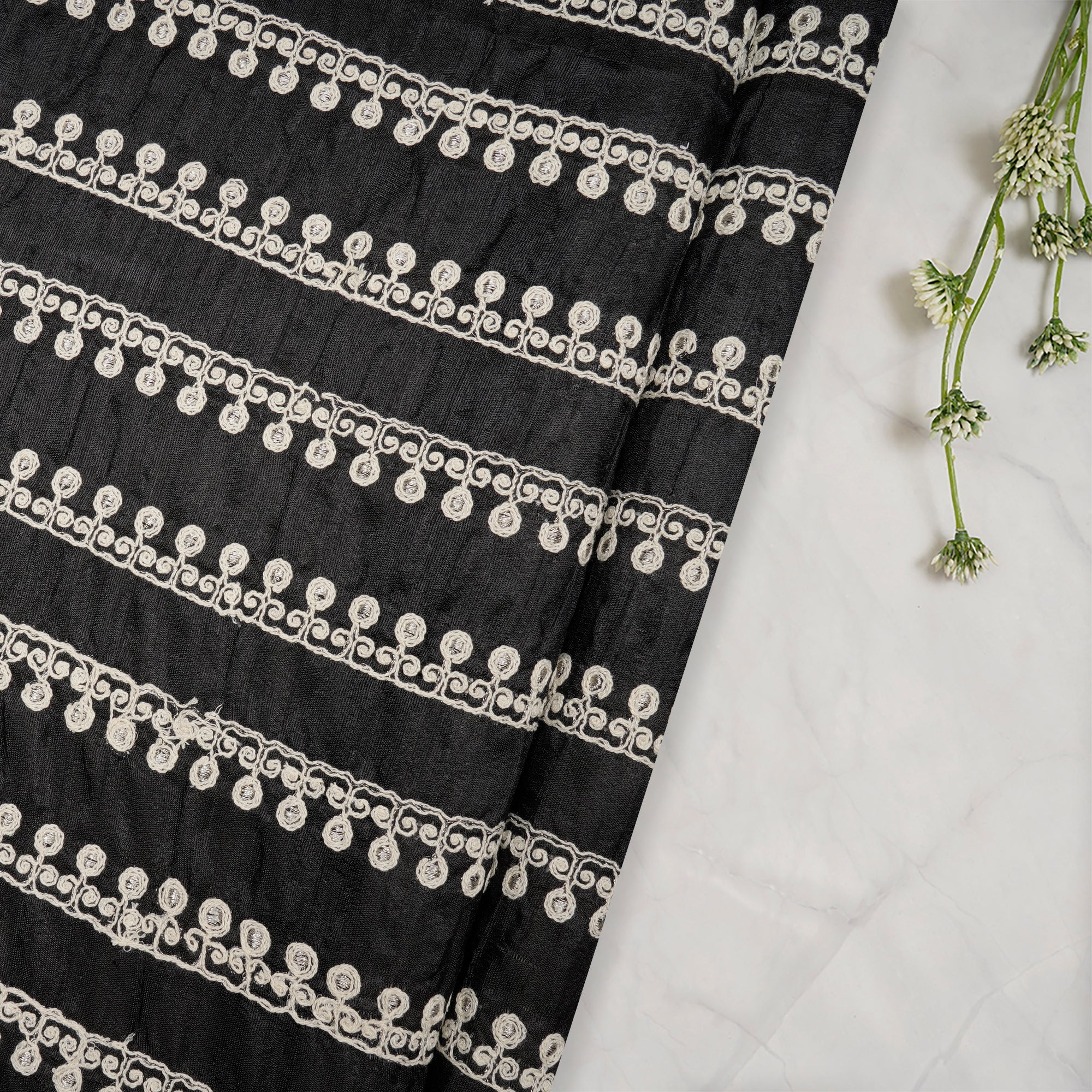 (Pre Cut 1 Mtr Piece) Black Color Embroidered Polyester Fabric