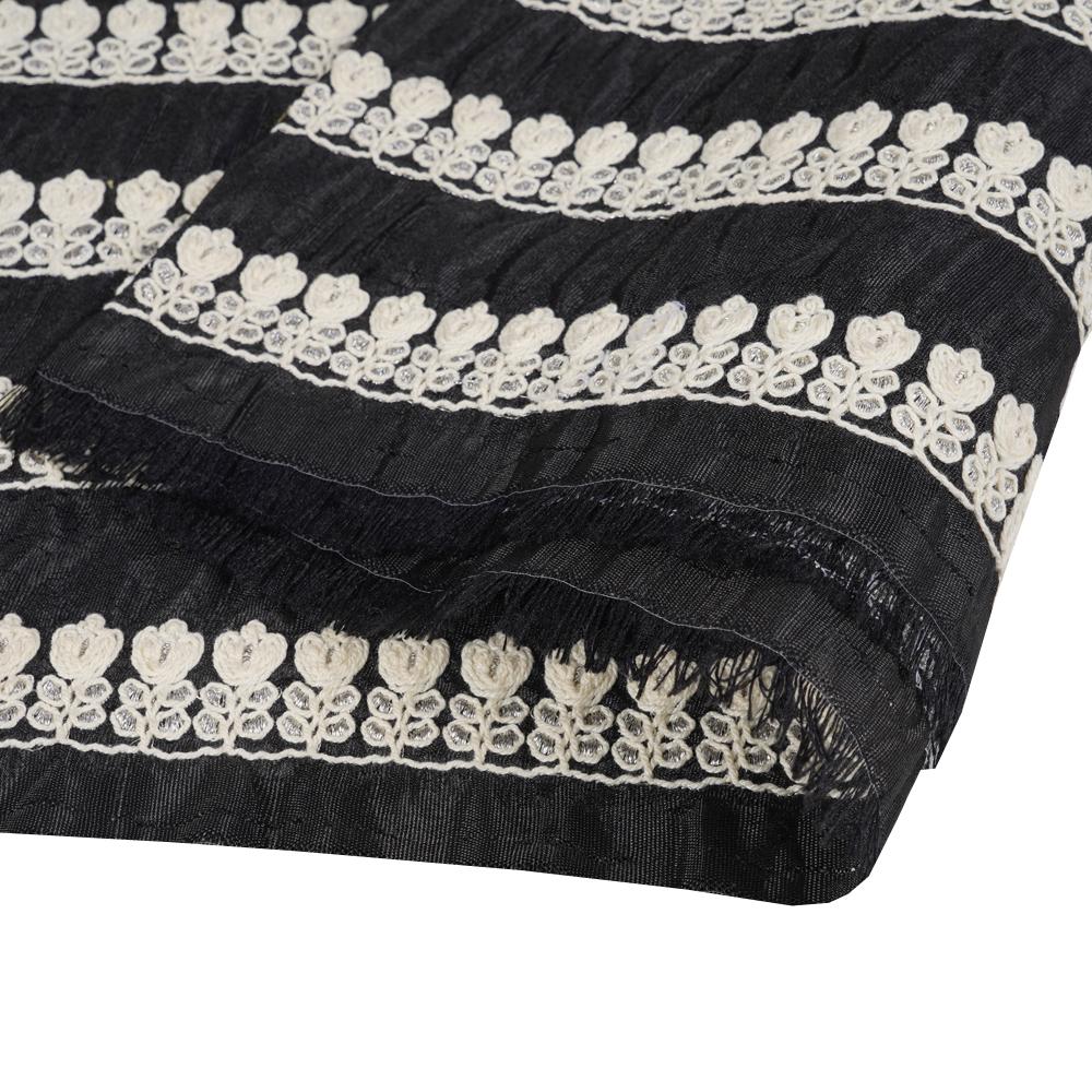 (Pre Cut 1.50 Mtr Piece) Black Color Embroidered Polyester Fabric