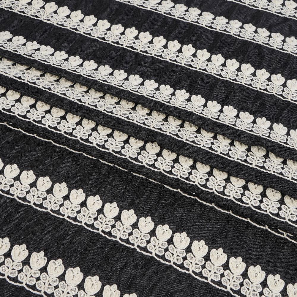 (Pre Cut 1.50 Mtr Piece) Black Color Embroidered Polyester Fabric