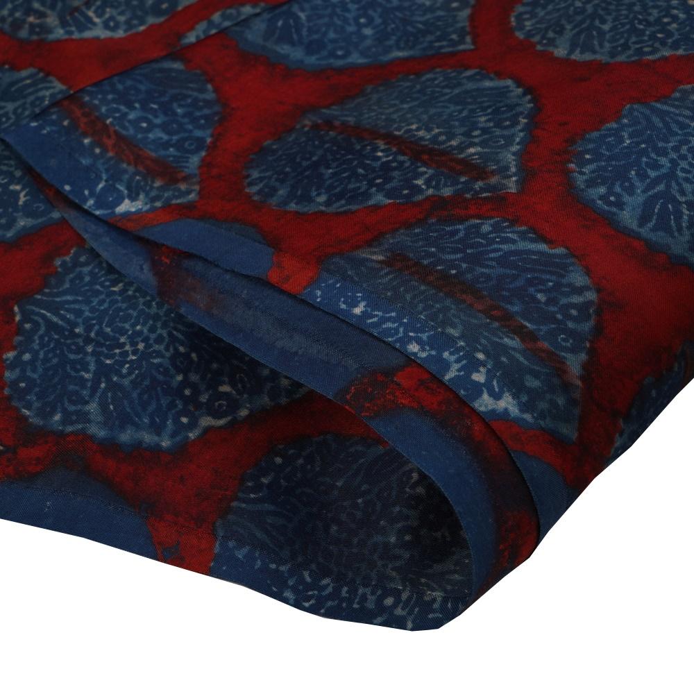 (Pre Cut 1 Mtr Piece) Red-Blue Handcrafted Ajrak Printed Modal Satin Fabric