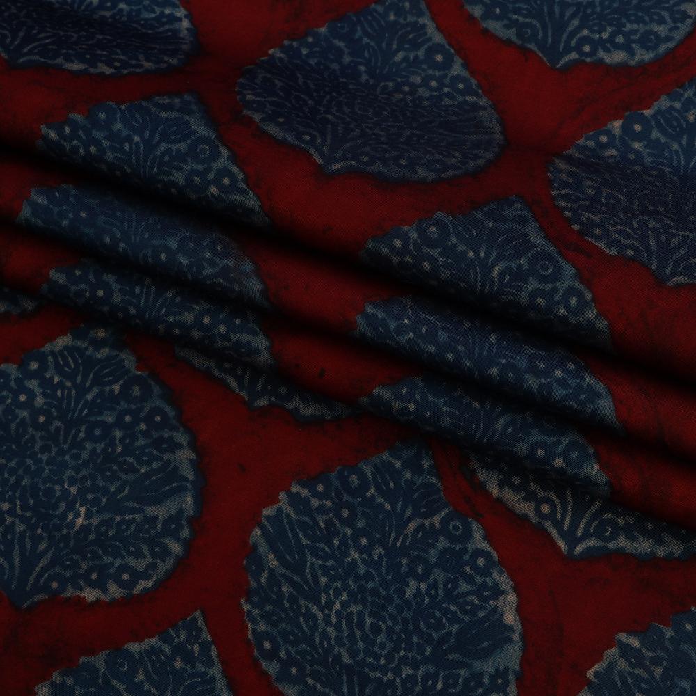(Pre Cut 1 Mtr Piece) Red-Blue Handcrafted Ajrak Printed Modal Satin Fabric