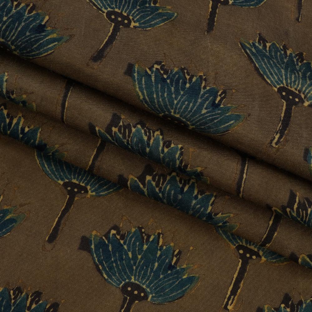 (Pre Cut 1.10 Mtr Piece) Moss Green Color Handcrafted Ajrak Printed Modal Satin Fabric