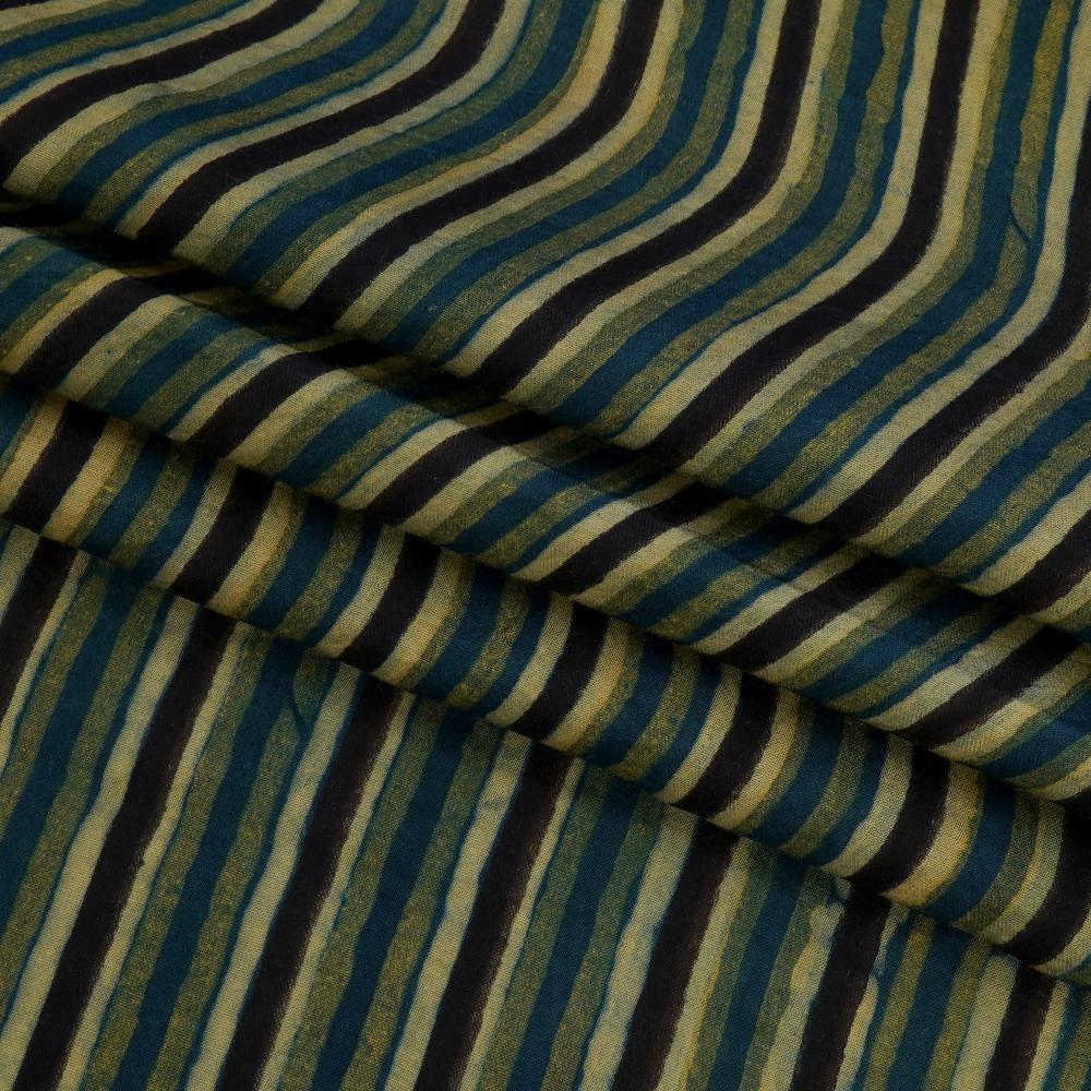 (Pre Cut 2 Mtr Piece) Blue-Green Color Handcrafted Ajrak Printed Modal Satin Fabric