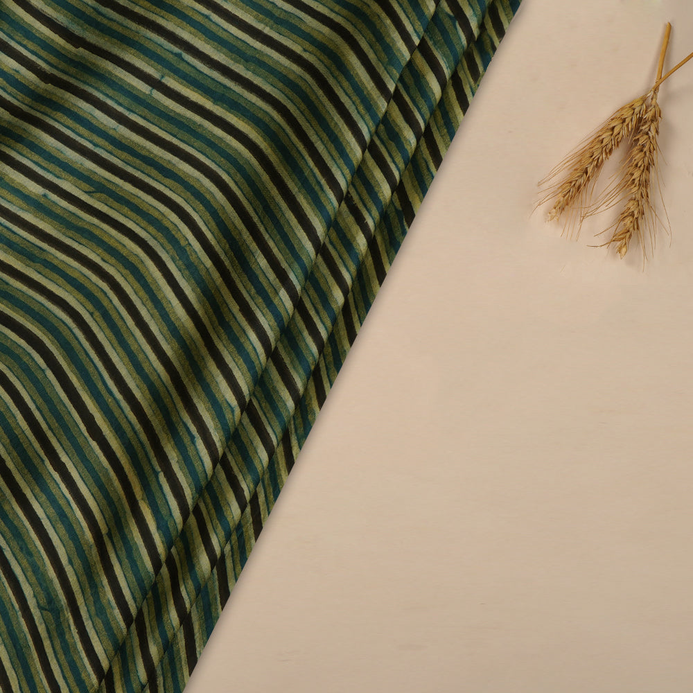 (Pre Cut 2.35 Mtr Piece) Blue-Green Color Handcrafted Ajrak Printed Modal Satin Fabric